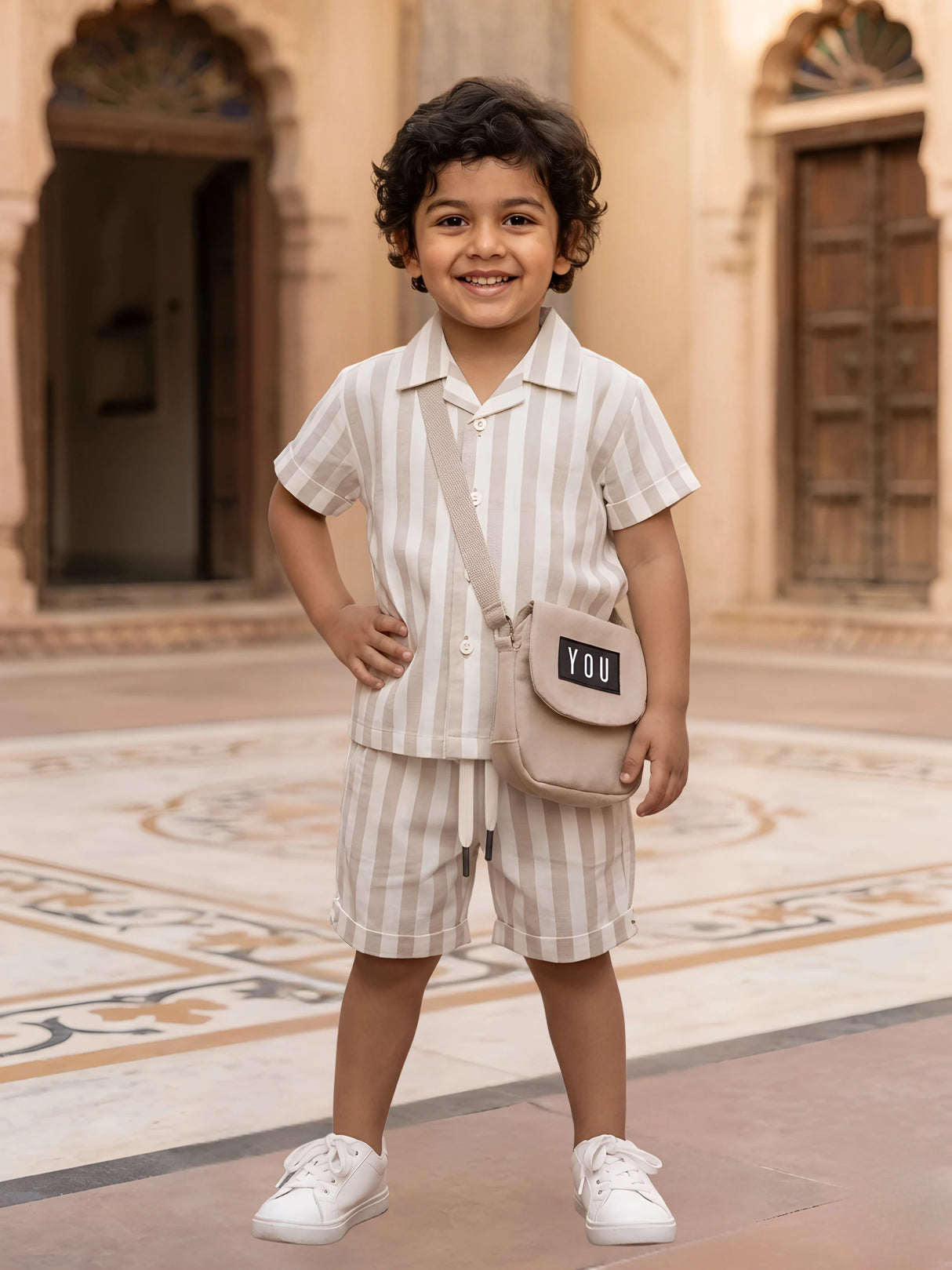 Boys’ Cream Vertical Stripe Co-ord Set with Matching Crossbody Bag