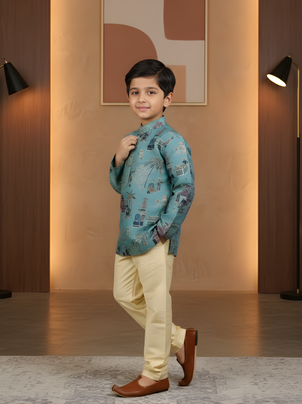 Boys' Teal Batik/Kalamkari Style Scenic Print Kurta Pajama Set