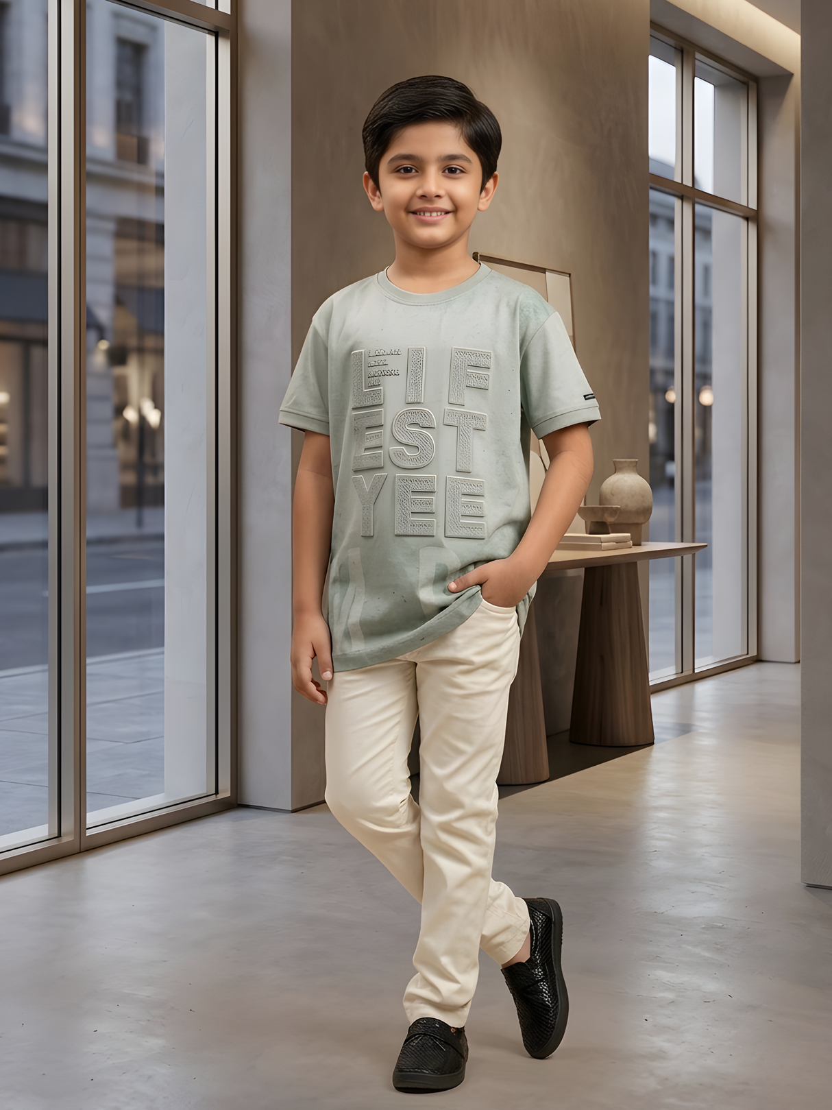 Kids Green T-Shirt – "LIFESTYLE" Embossed Design