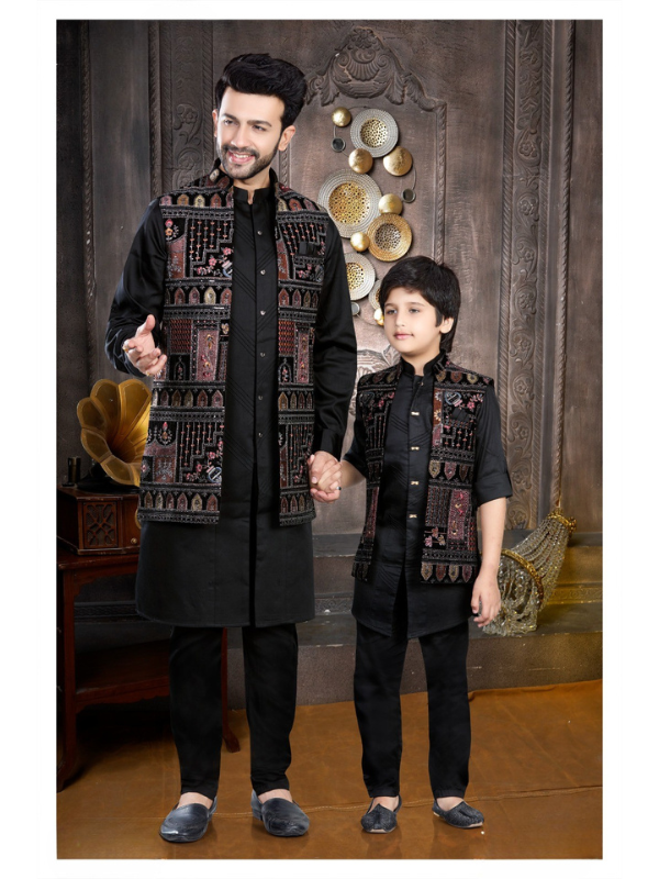 Boys Traditional Printed Chuddidar Kurta with Koti - Black
