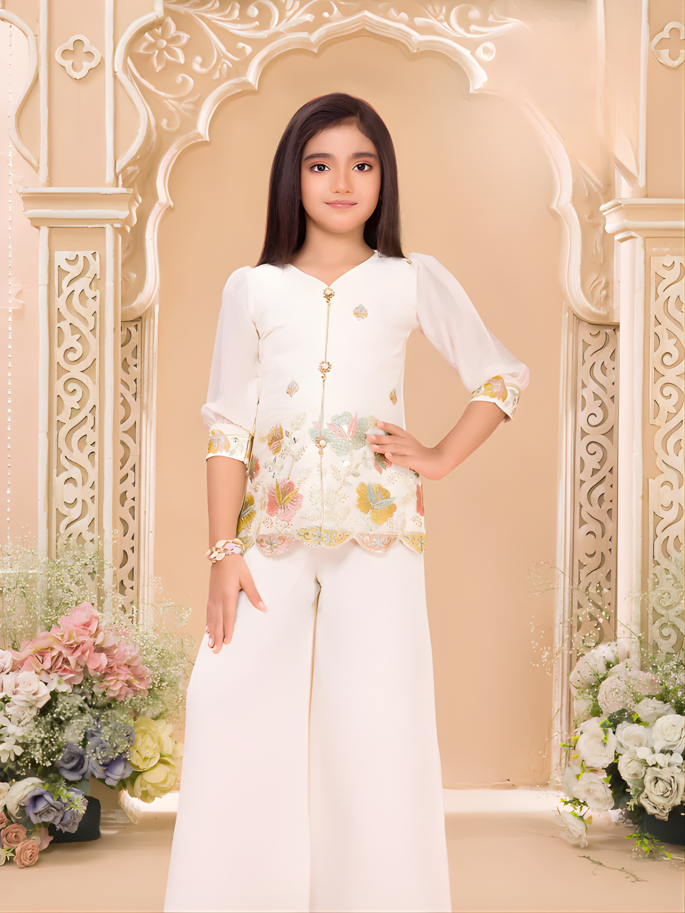 Girls Cream V-Neck Peplum Top with Floral Embroidery and Palazzo Set