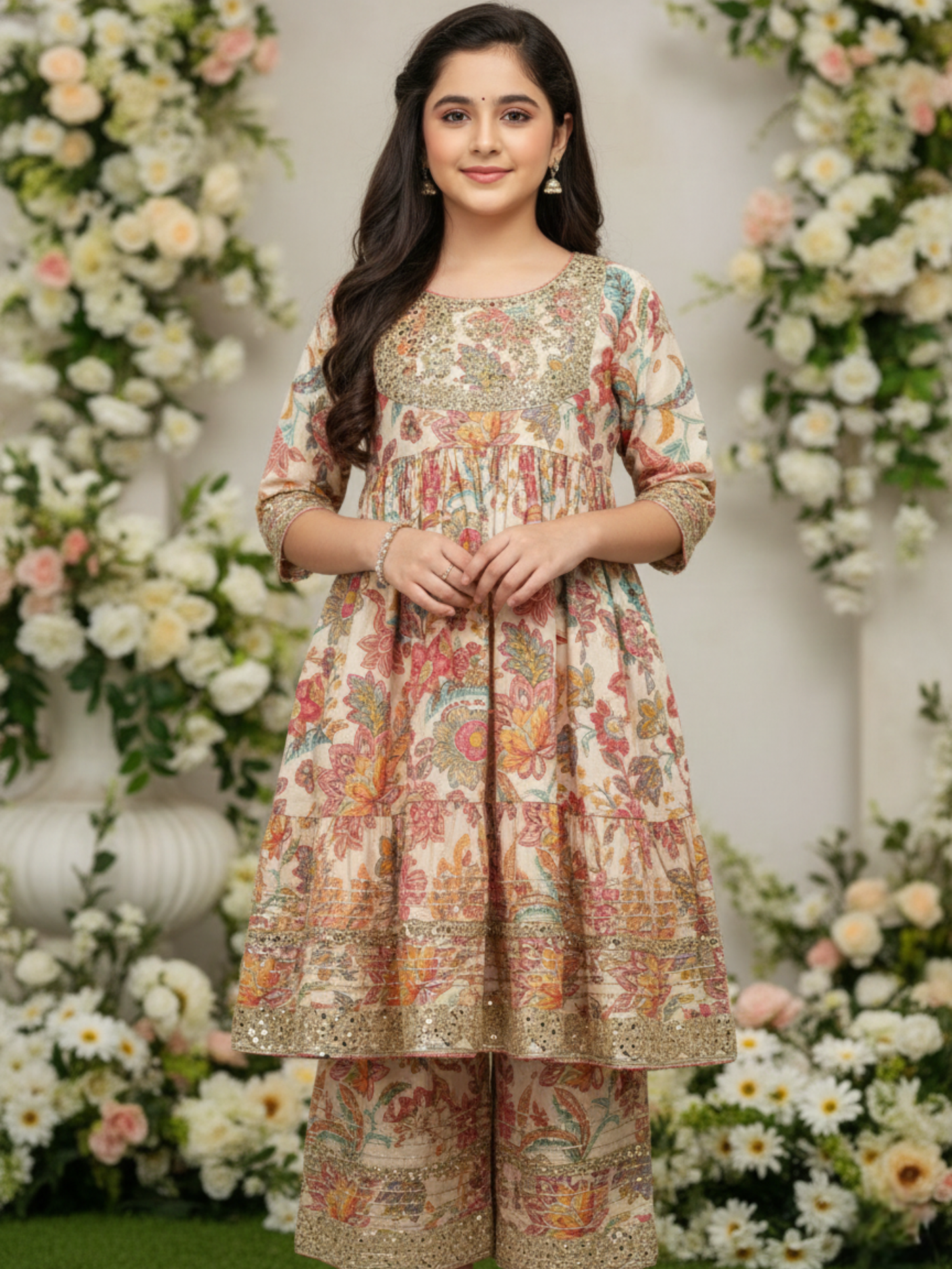 Girls' Elegant Cream Floral Tiered Suit Set with Heavy Sequin Work