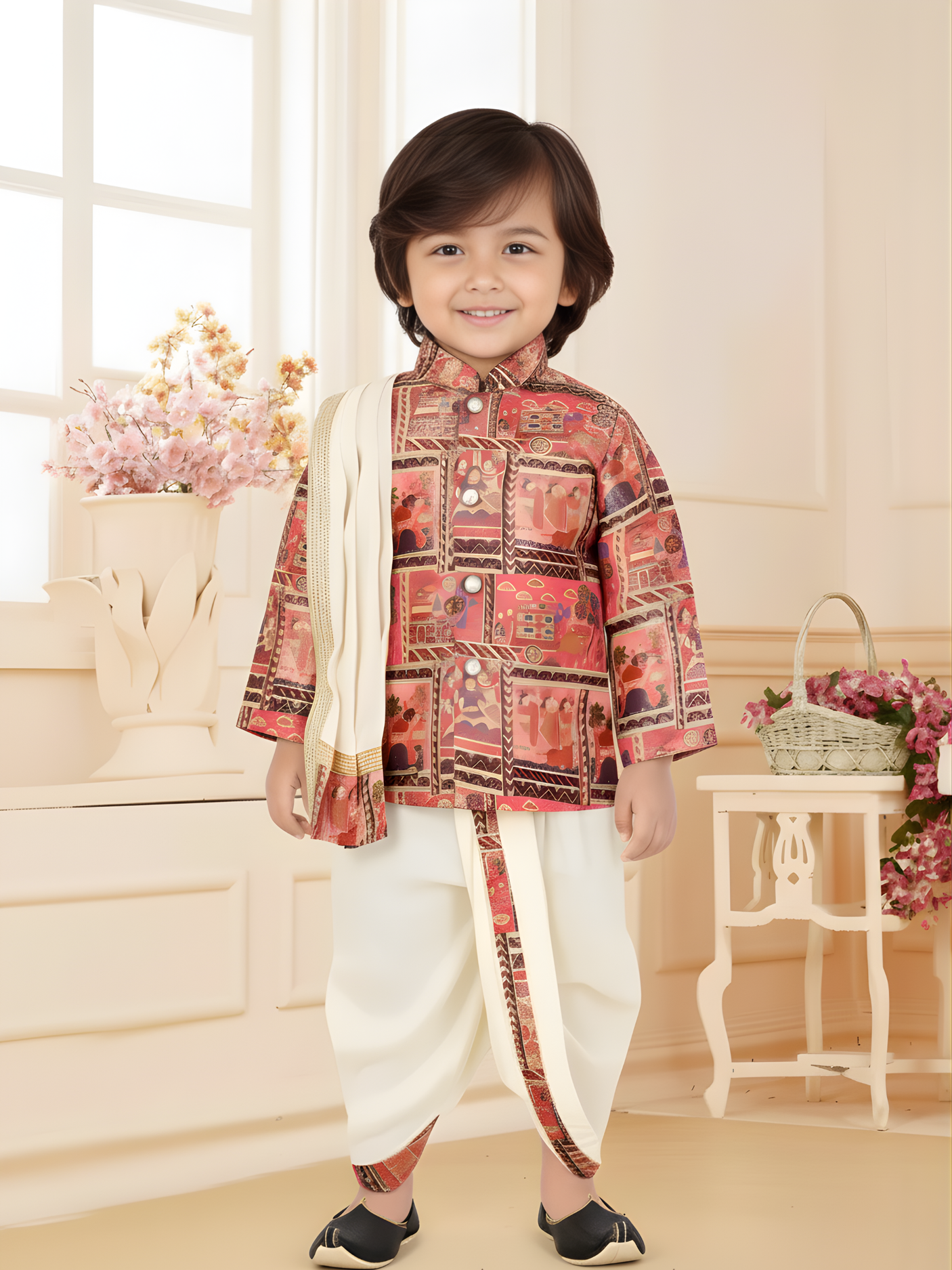 Boys' Multi-Color Folk Print Kurta with Cream Dhoti and Stole Set