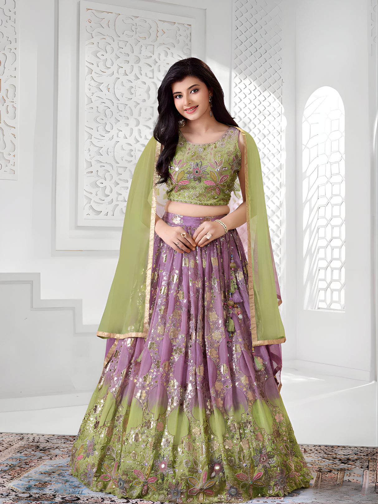 Girls' Dual-Tone Lilac Purple and Lime Green Sequin Lehenga Choli Set