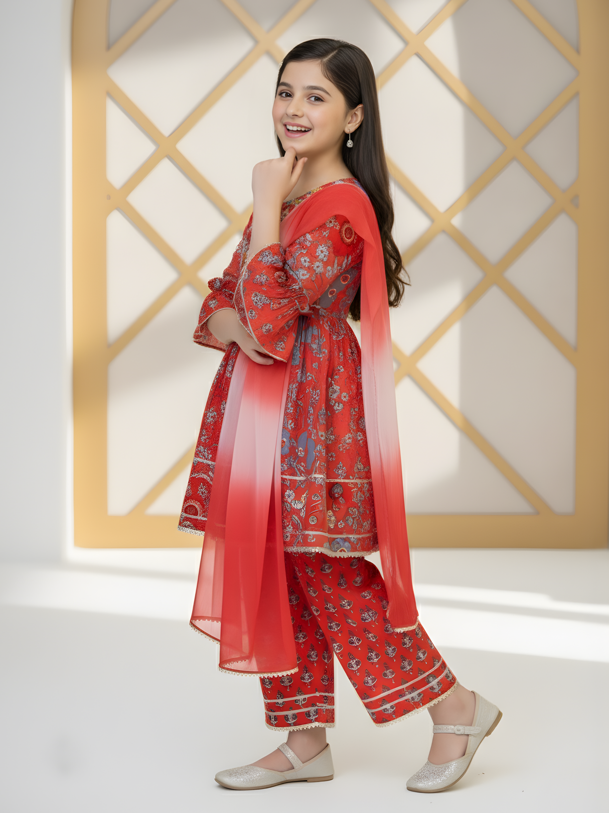 Girls' Red Block Print Style Kurta Sharara Set | Traditional Festive Outfit.