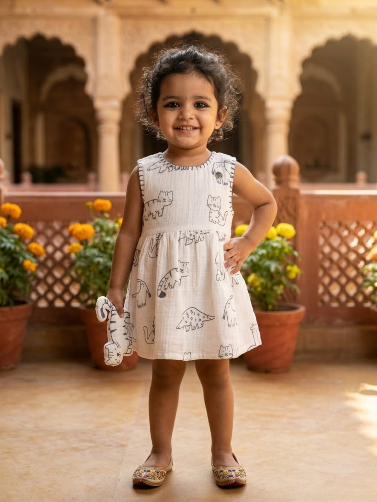 White Meow Cat Print Cotton Frock for Girls