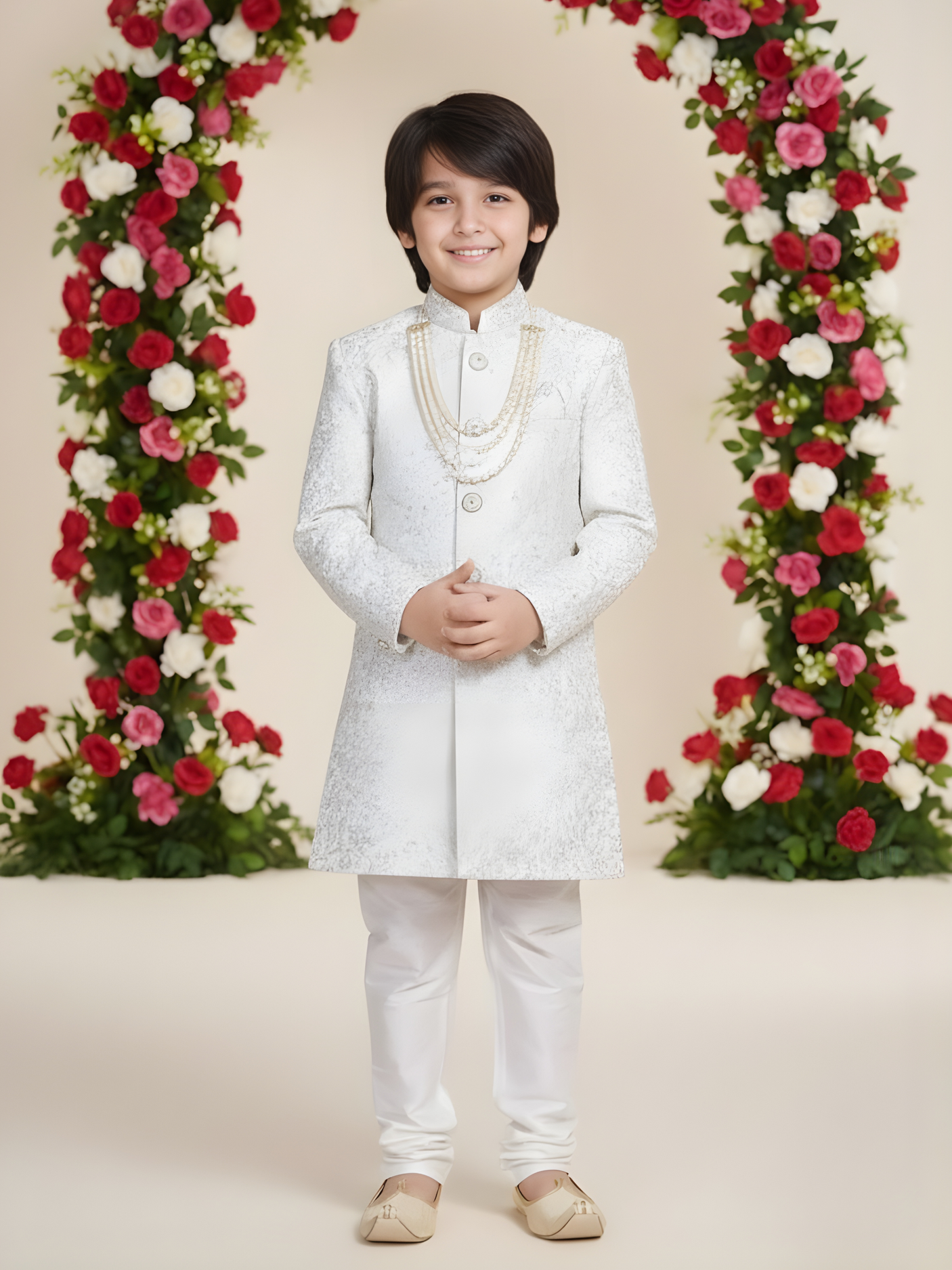 Boys' Ivory White Jacquard Achkan Suit with Churidar