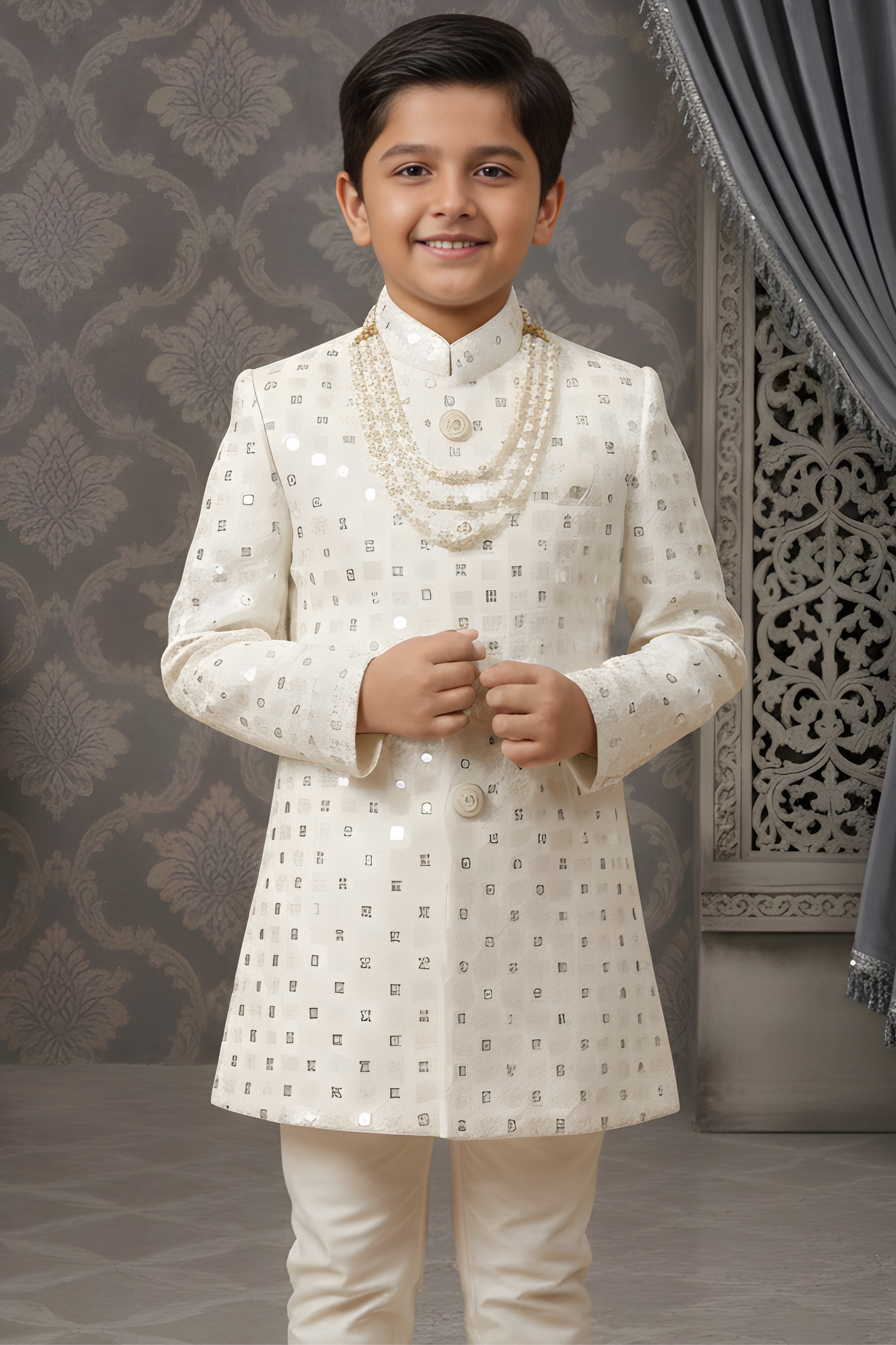 Boys' Ivory Cream Heavily Embellished Sherwani with Pearl Accessory