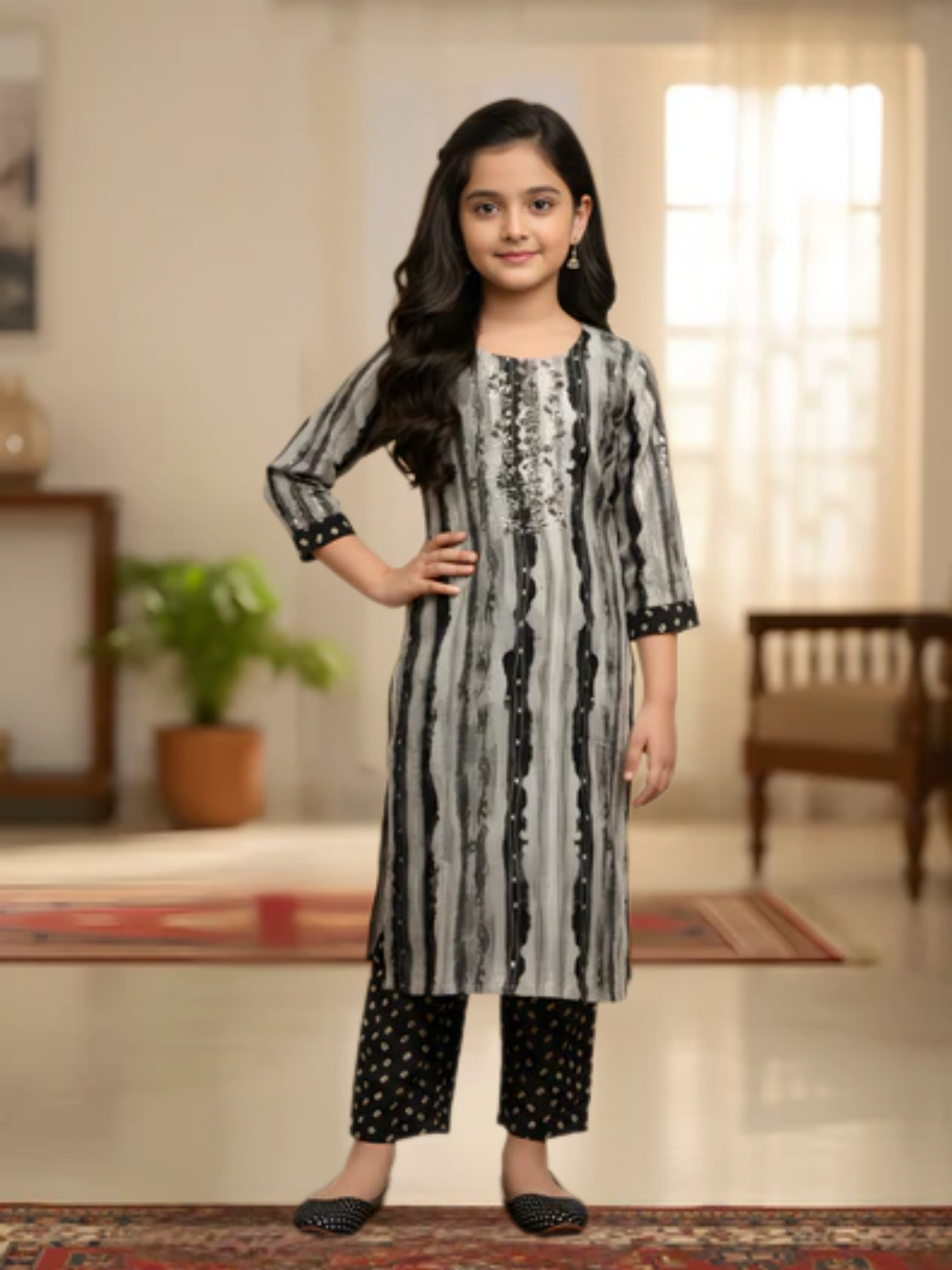 Girls' Festive Mustard Yellow Printed Tunic and Flared Palazzo Set