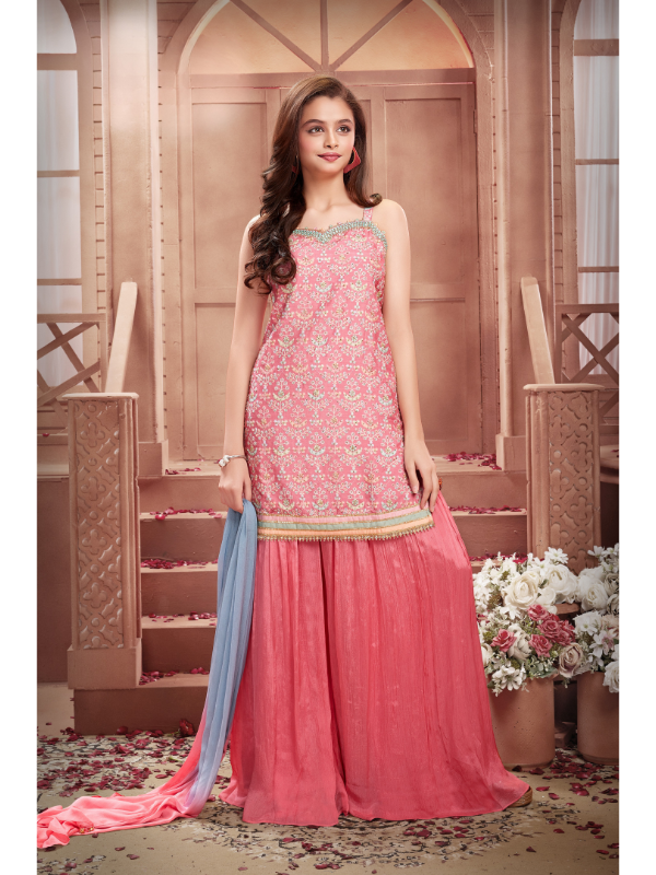 Girls Traditional Sleeves Less Plazo Set - Pink