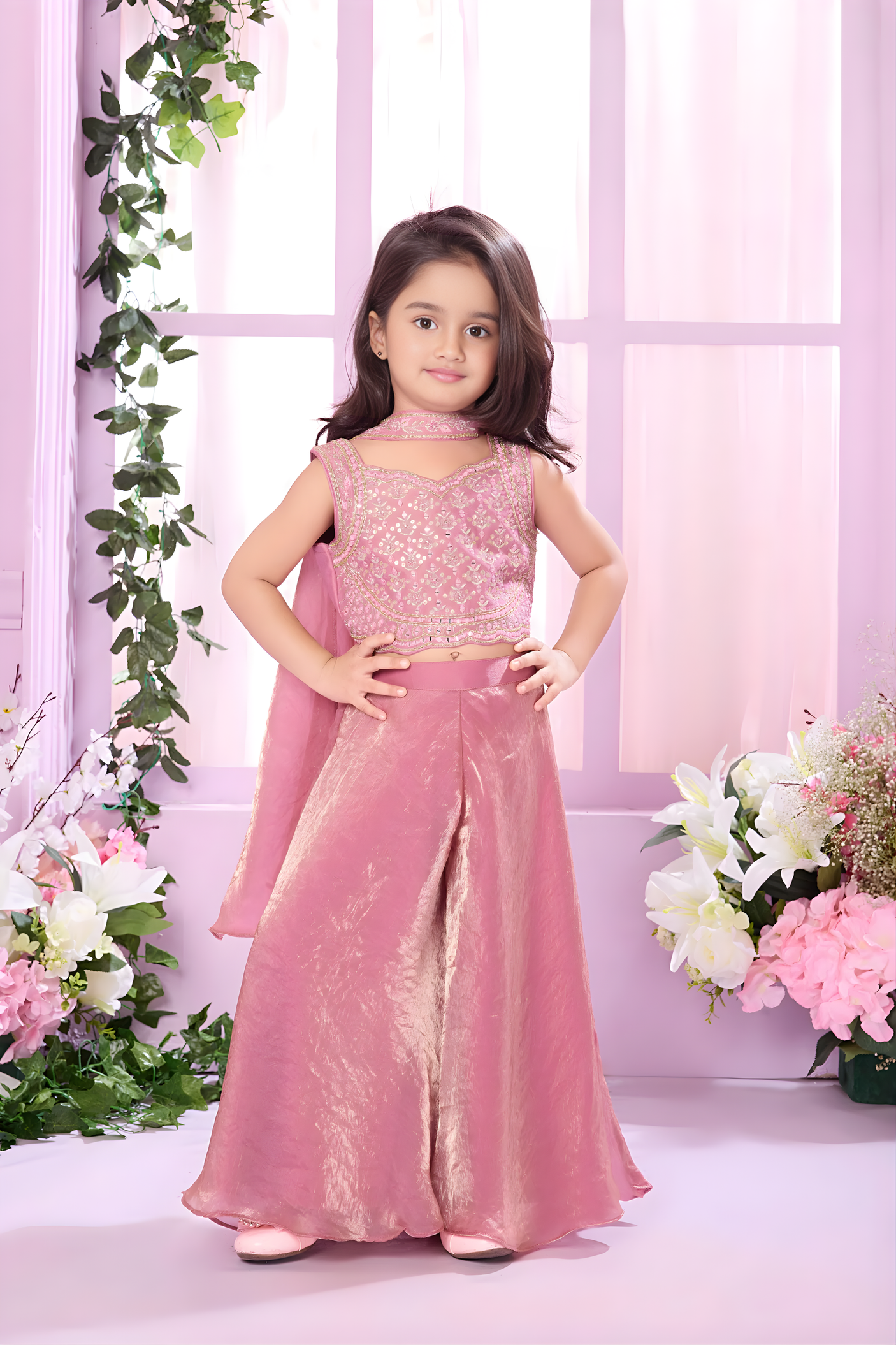 Girls' Sequin Embroidered Crop Top and Pink Sharara Set