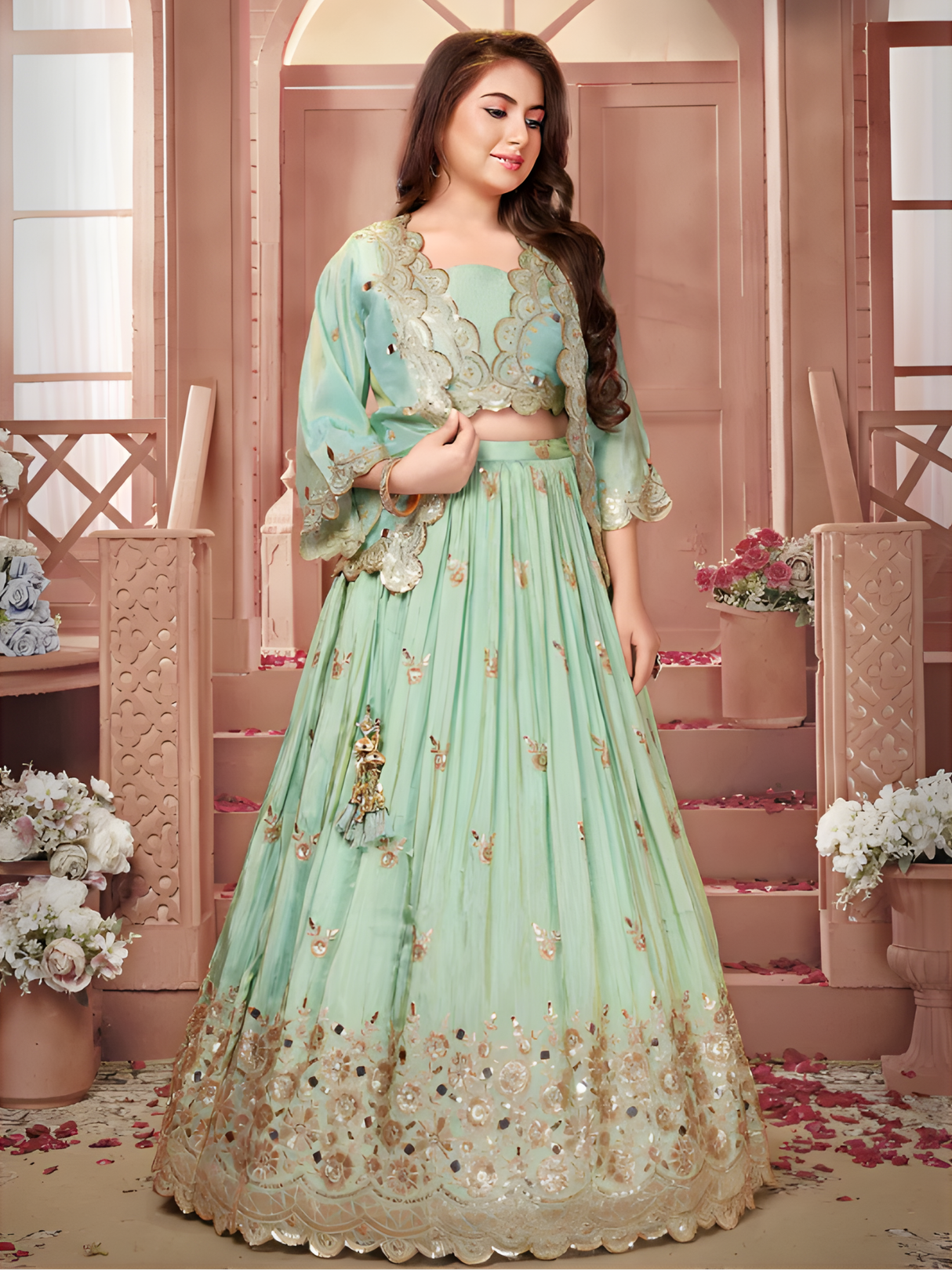 Girls' Aqua Blue Pre-Draped Ruffled Lehenga