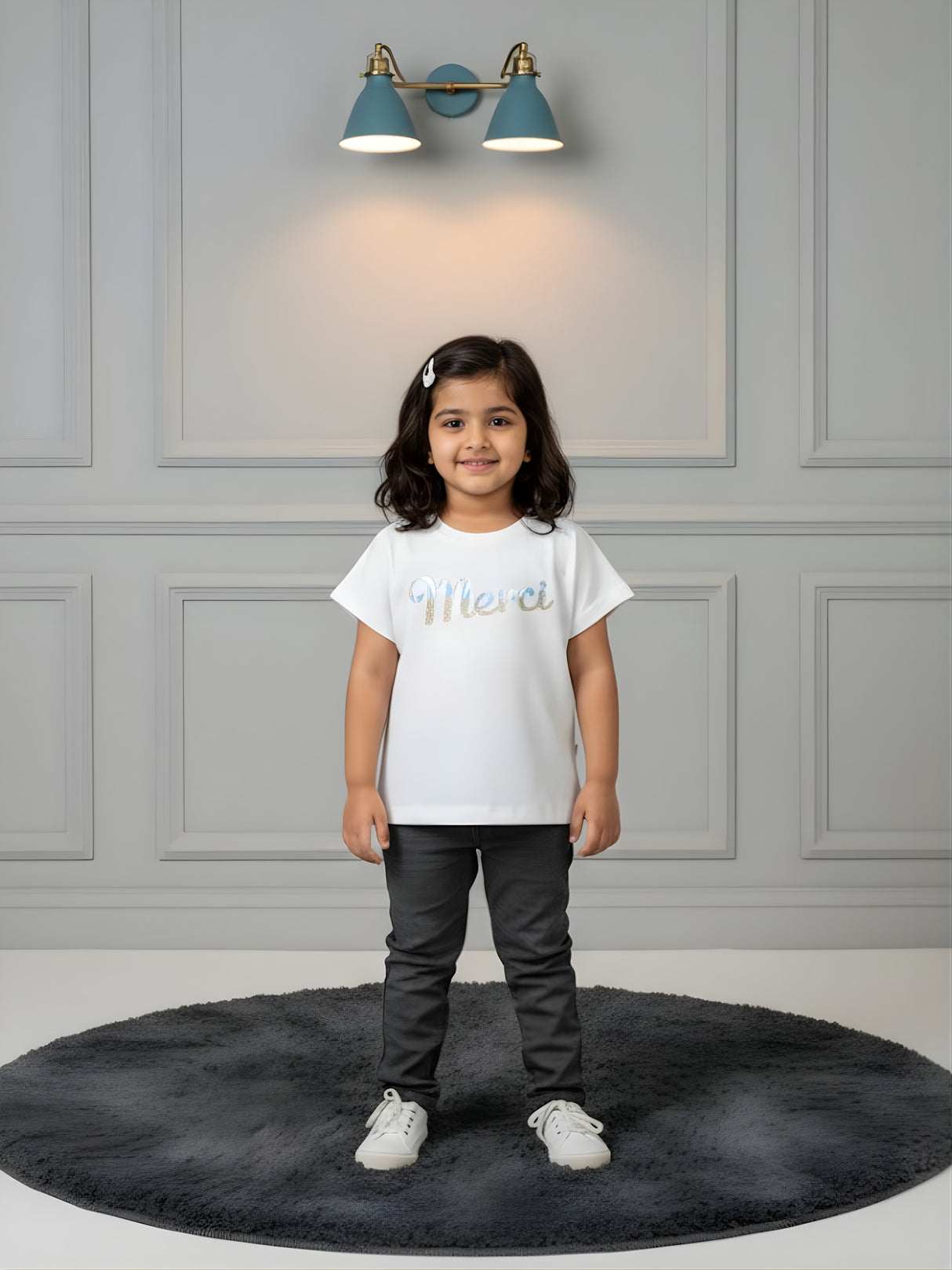 Girls White "Merci" Graphic Ribbed Tee