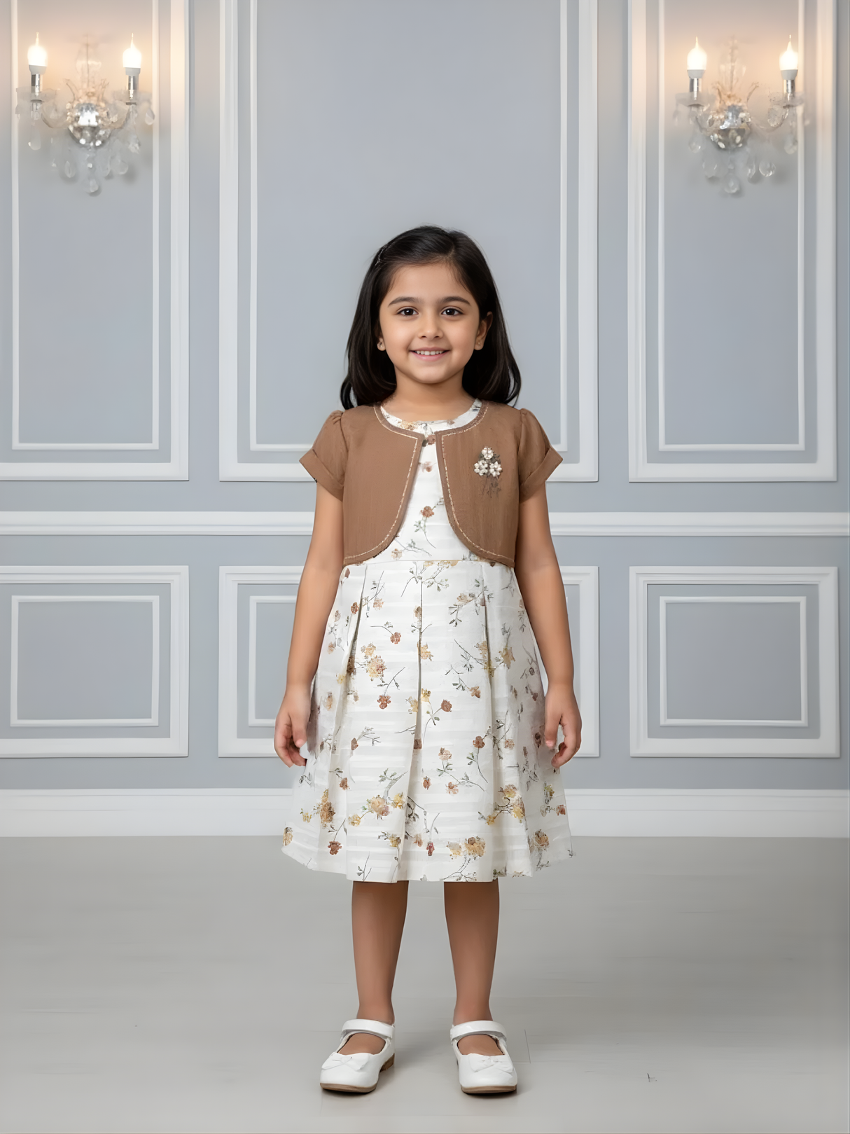 Girls' Floral Print Frock with Brown Bolero Jacket Set