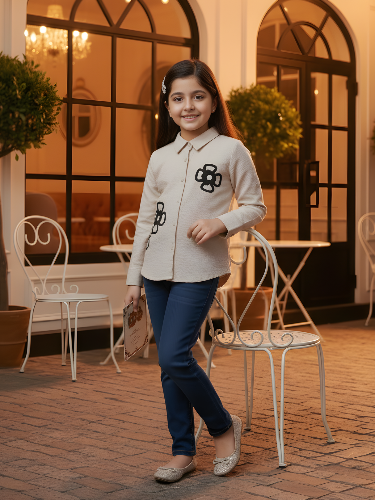 Girls' Taupe Floral Appliqué Button-Down Shirt