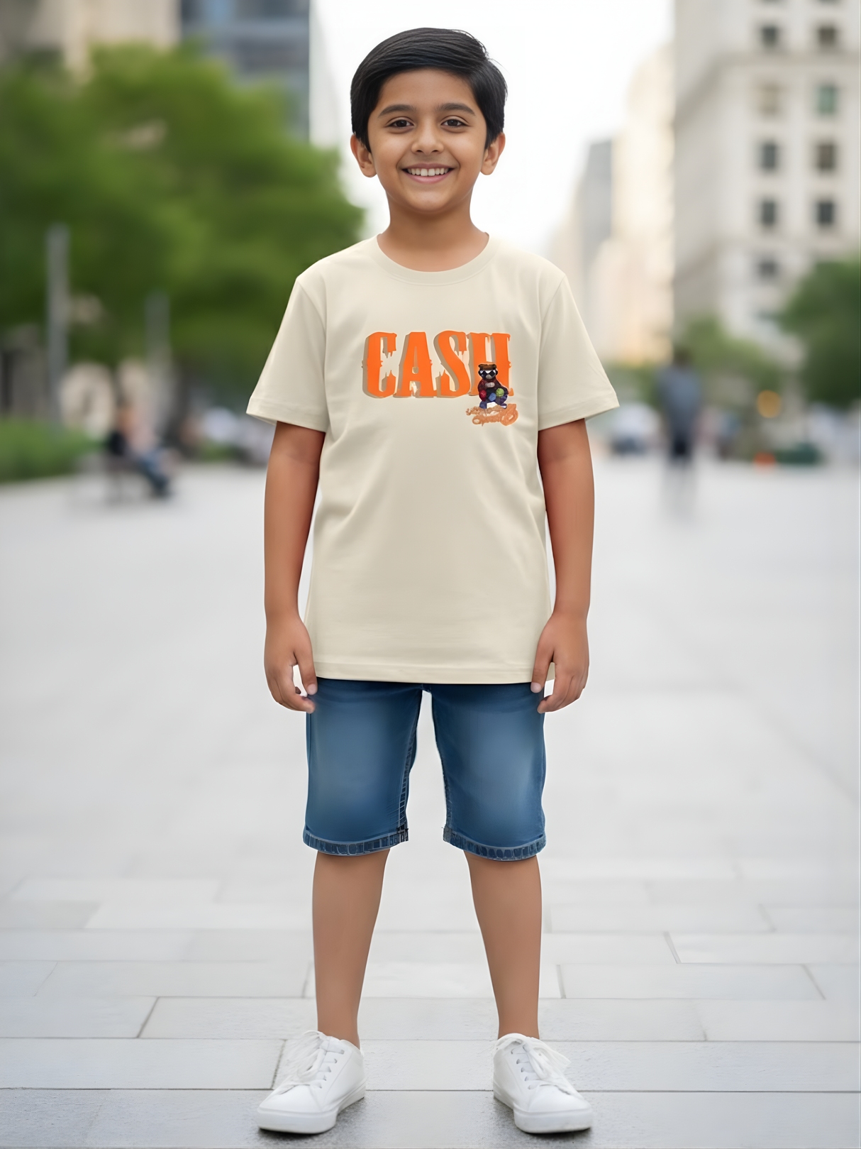 Boys' Cream "Only Cash" Streetwear Graphic T-Shirt