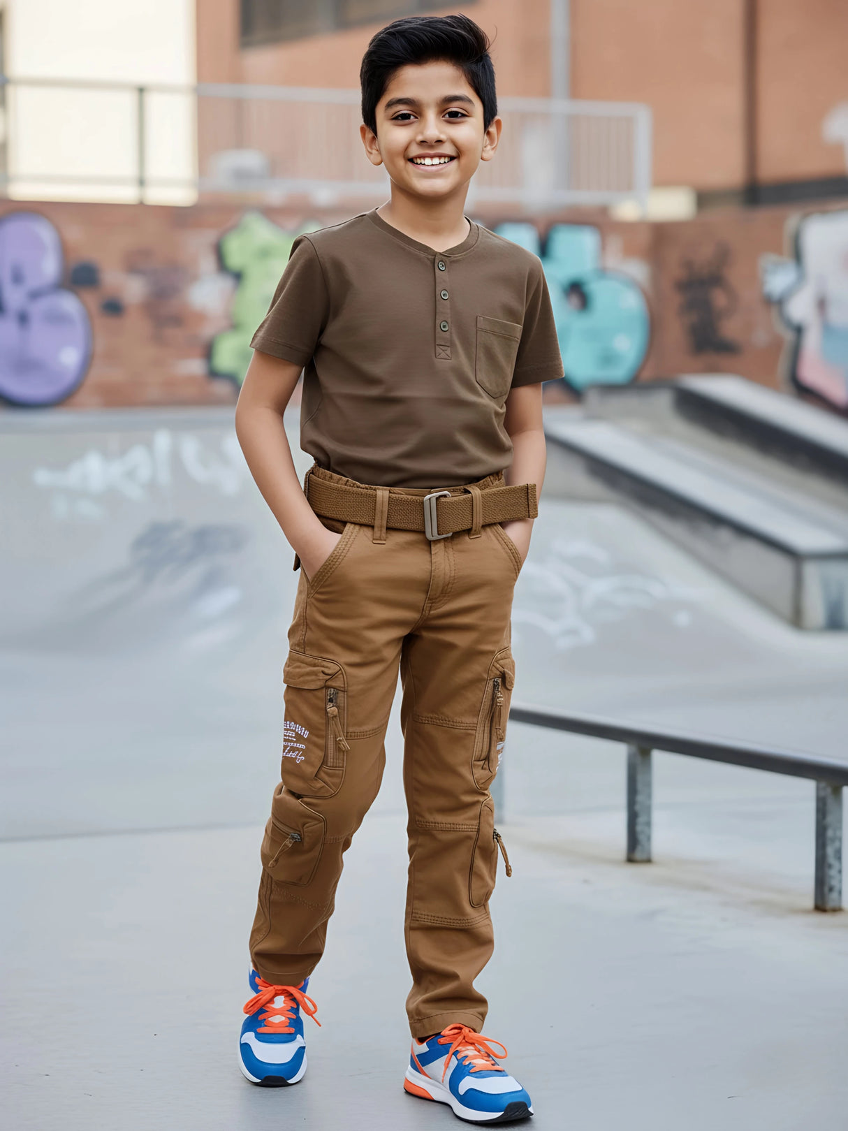 Boys' Rustic Brown Multi-Pocket Cargo Pants with Web Belt.