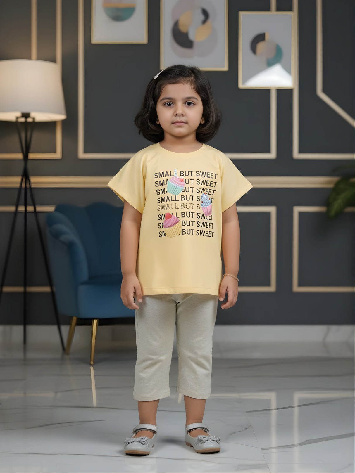 Girls Pastel Yellow "Small But Sweet" Cupcake Graphic Tee