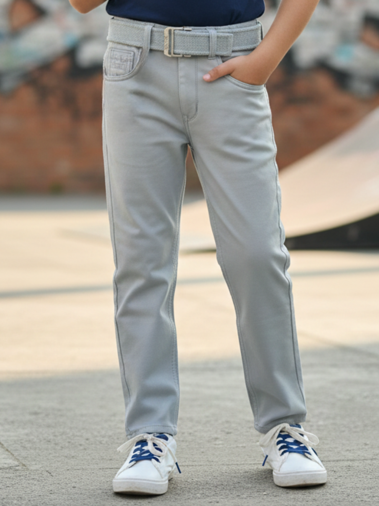 Kids Premium Light Grey Belted Jeans with Accessory