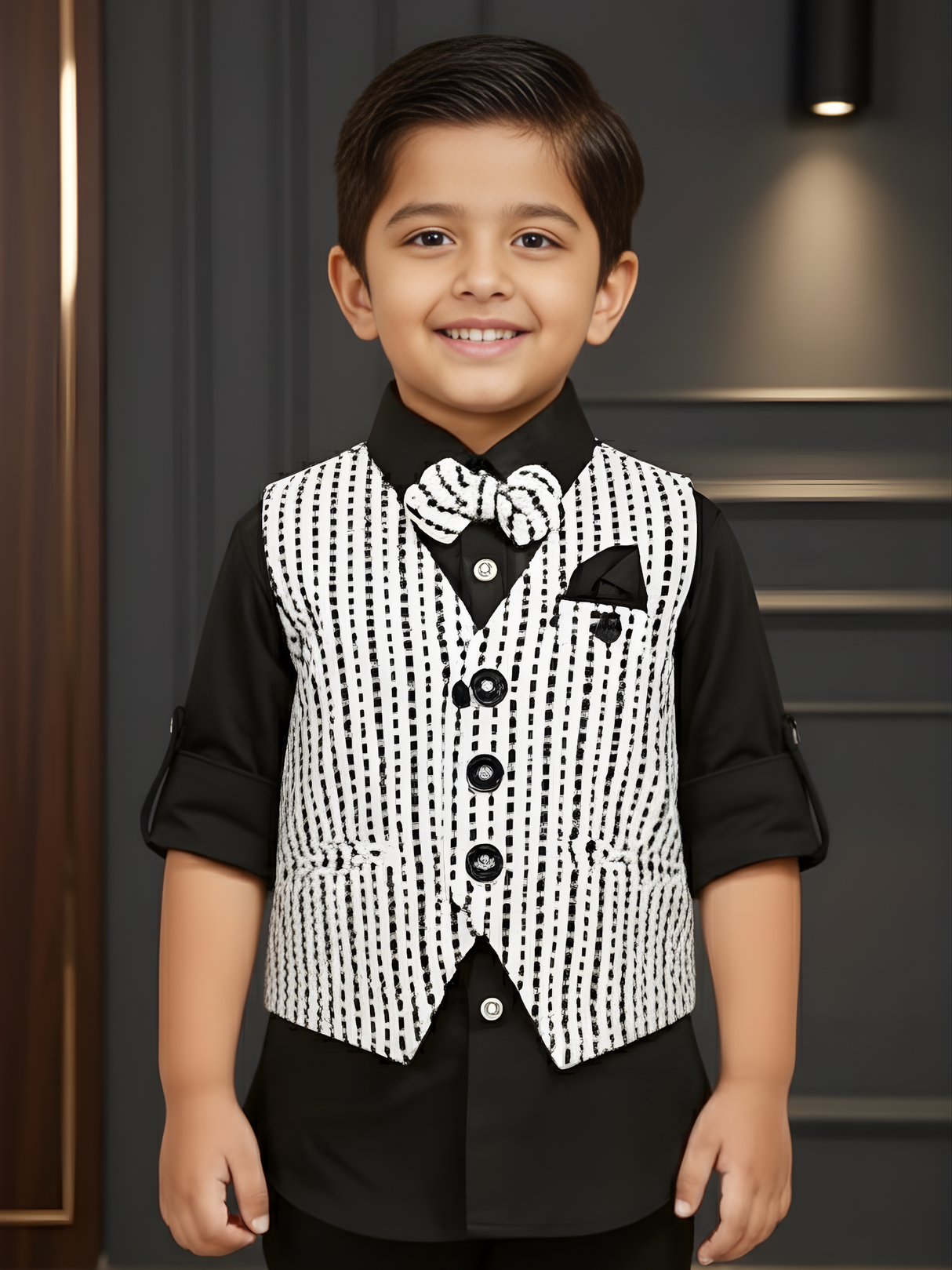 Boys' Black & White Textured Waistcoat Suit with Black Formal Shirt