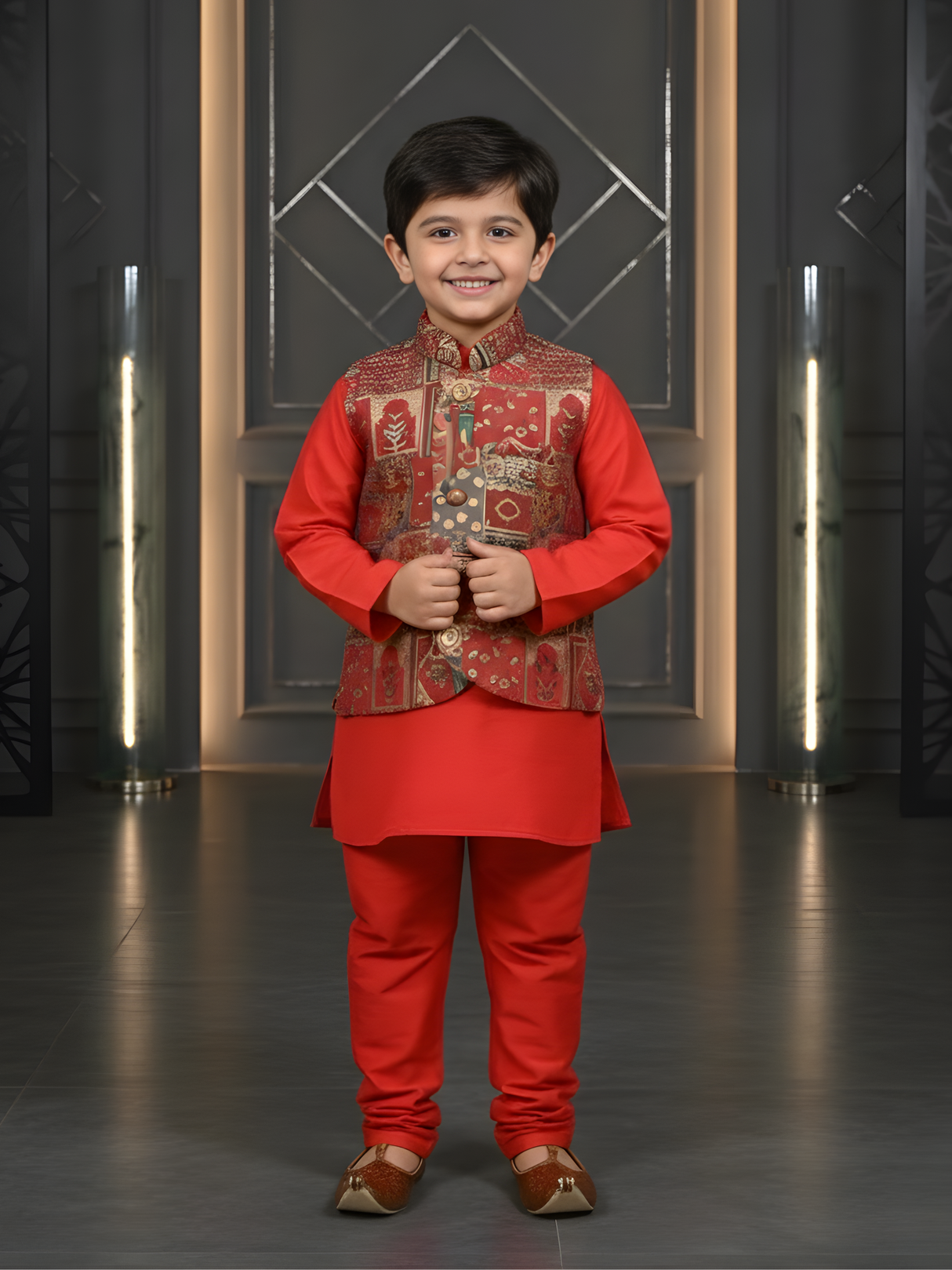 Boys Pink Silk Kurta Set with Intricate Printed Nehru Jacket