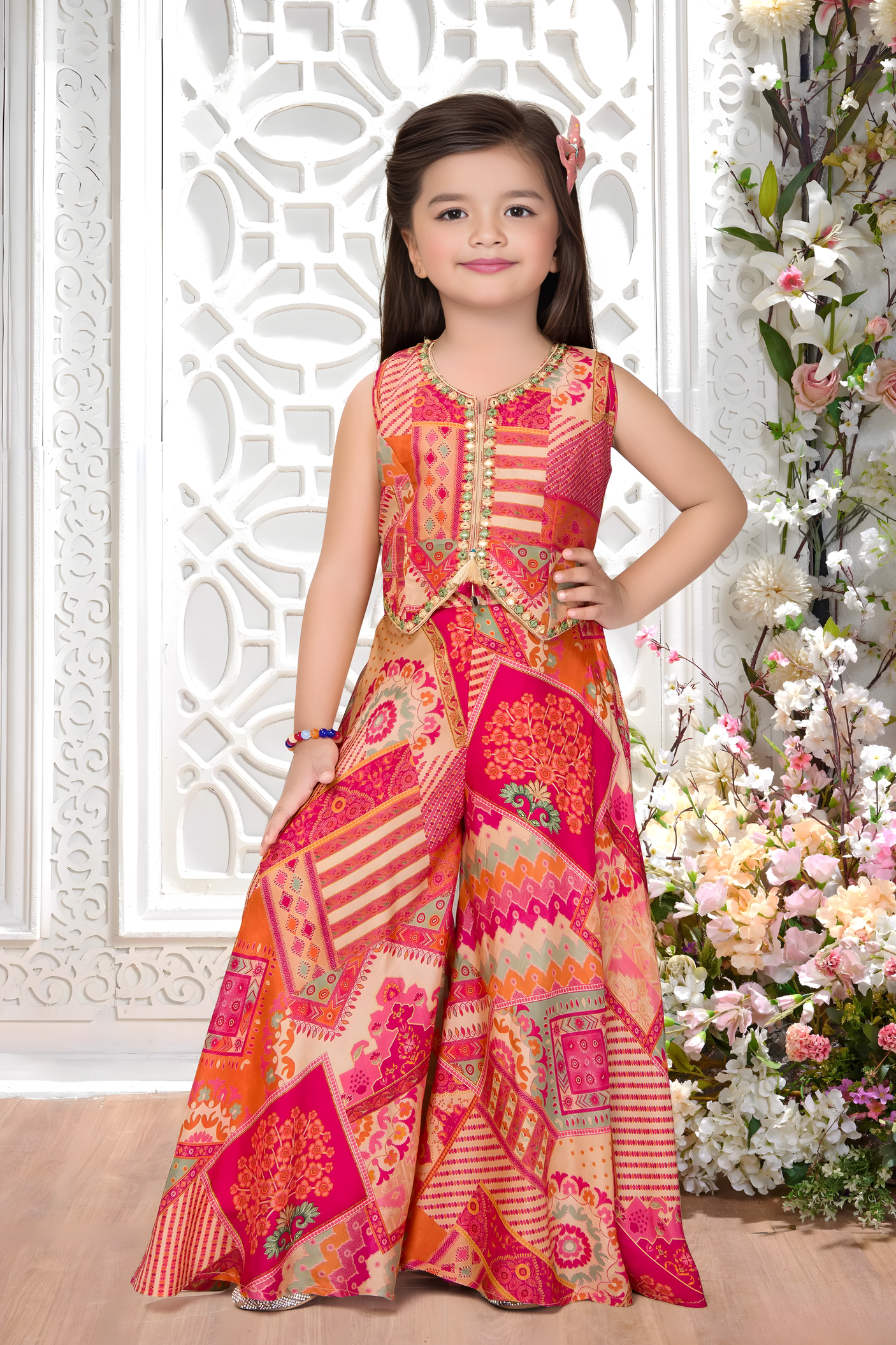 Girls' Peach Floral Embroidered Top and Sharara Set