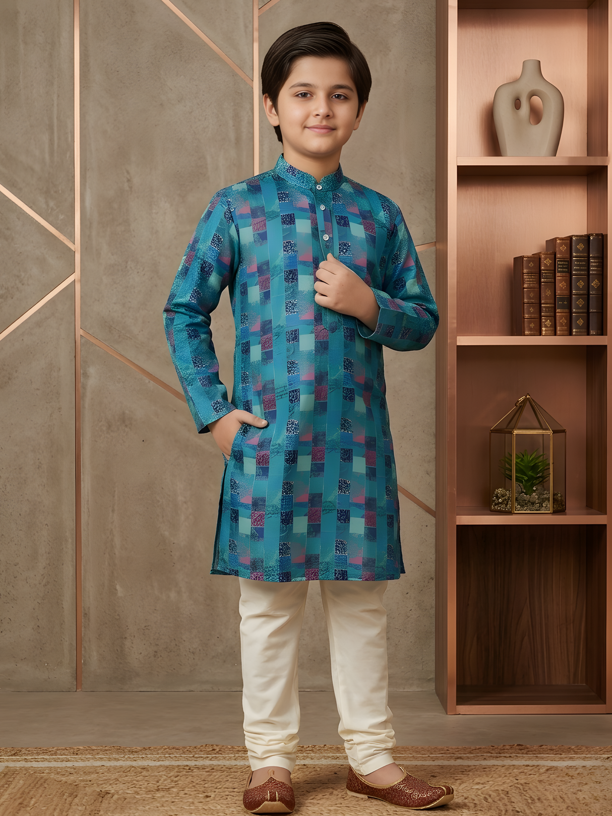 Boys' Green & Blue Festive Geometric Print Kurta with Cream Pyjama Set.