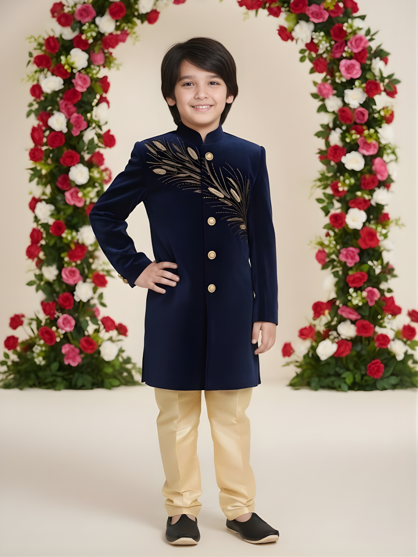 Boys' Black Velvet Indo-Western Sherwani with Gold Zari Embroidery and Trousers Set