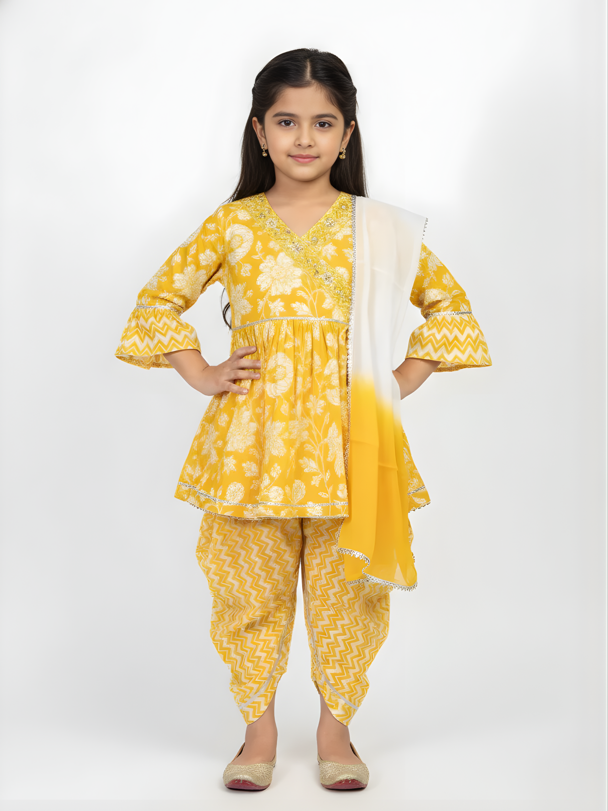 Girls' Yellow Floral Print Angrakha Kurta & Dhoti Set with Dupatta.