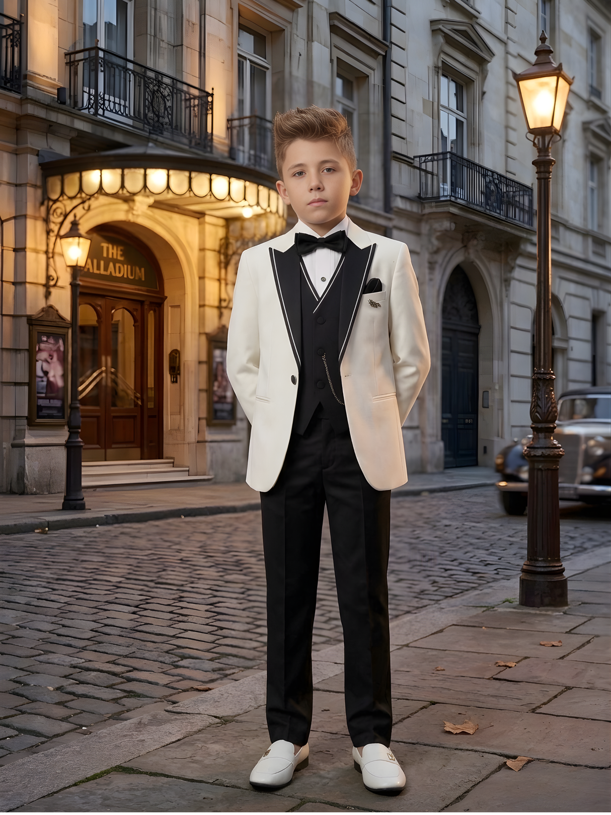 Boys' Cream/White Tuxedo Coat Suit with Black Trousers and Bow Tie