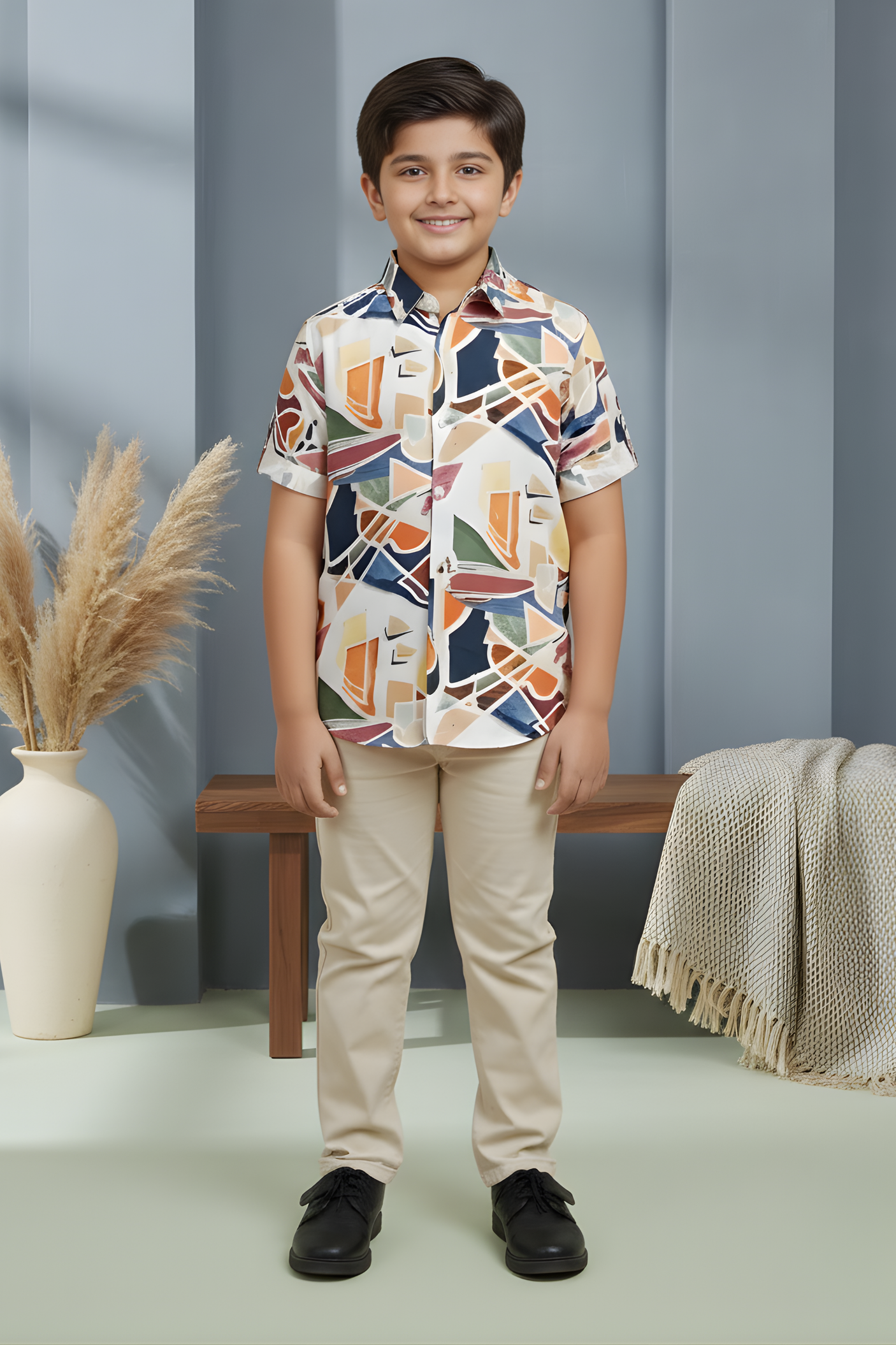 Boys' Contemporary Abstract Geometric and Sailboat Print Casual Shirt