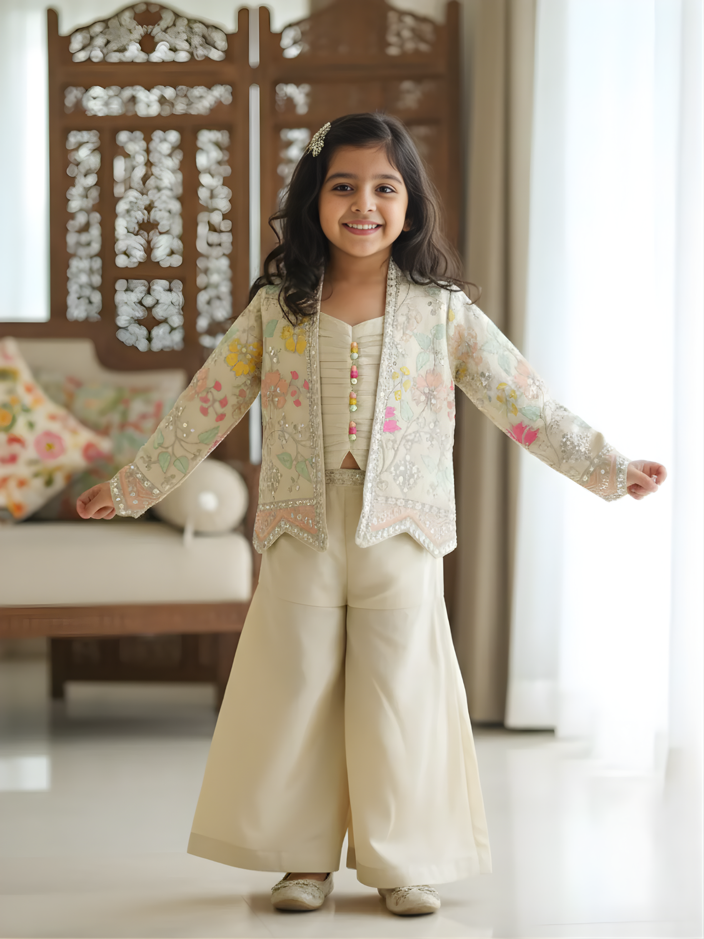 Girls Cream Floral Embroidered Jacket and Palazzo Set