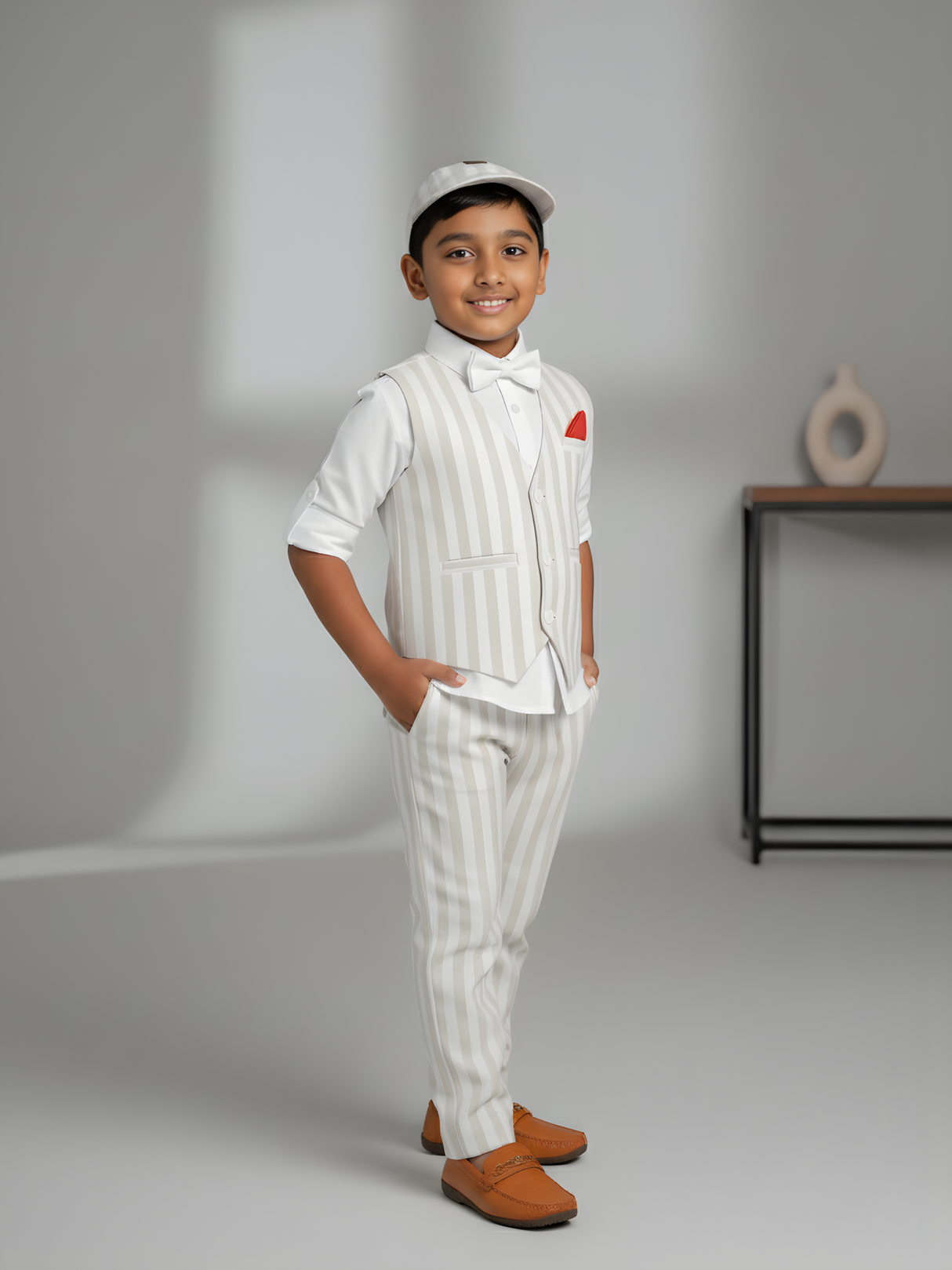 Boys' Vintage Stripe Vest & Suit Set (Cream/Beige).