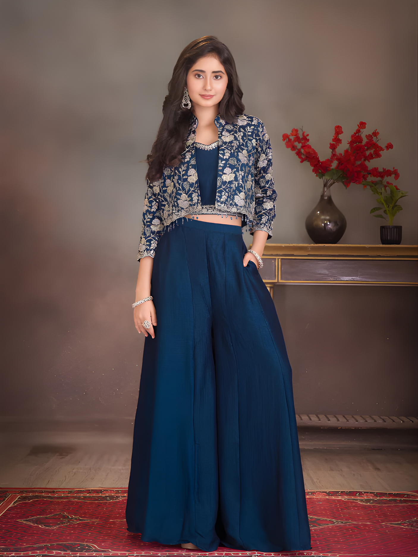 Girls' Light Blue Floral Peplum Kurta and Palazzo Two-Piece Set