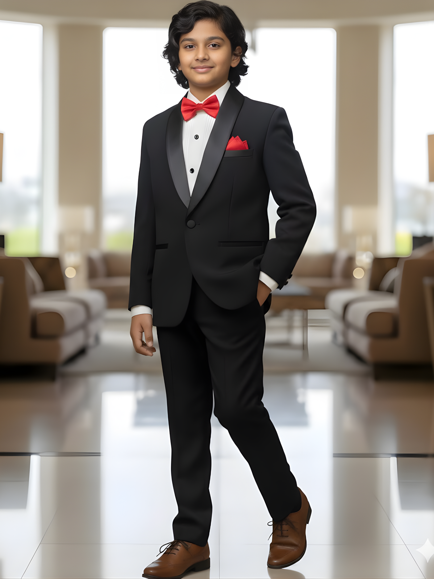 Boys' Formal Black Tuxedo Suit Set with Red Bowtie