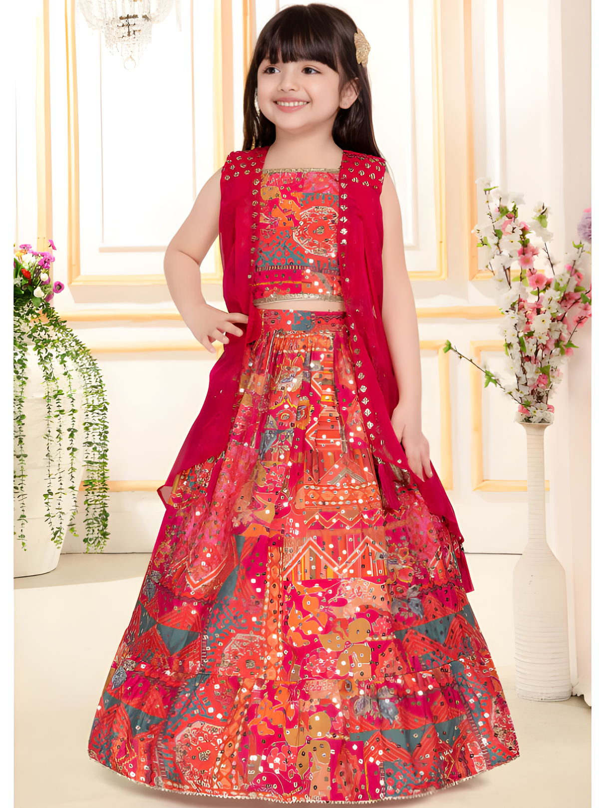 Girls' Hot Pink Patchwork Lehenga Set with Jacket