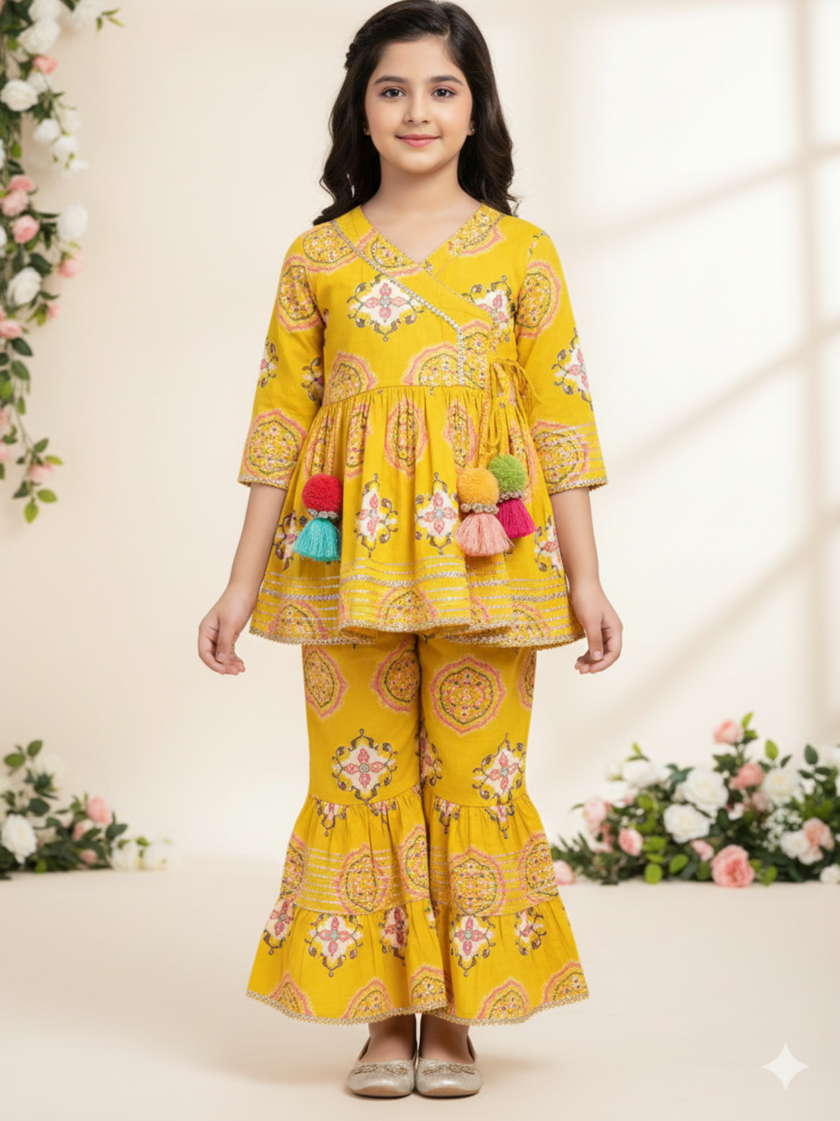Girls' Yellow Geometric Print Angrakha Kurta & Sharara Set with Pompoms