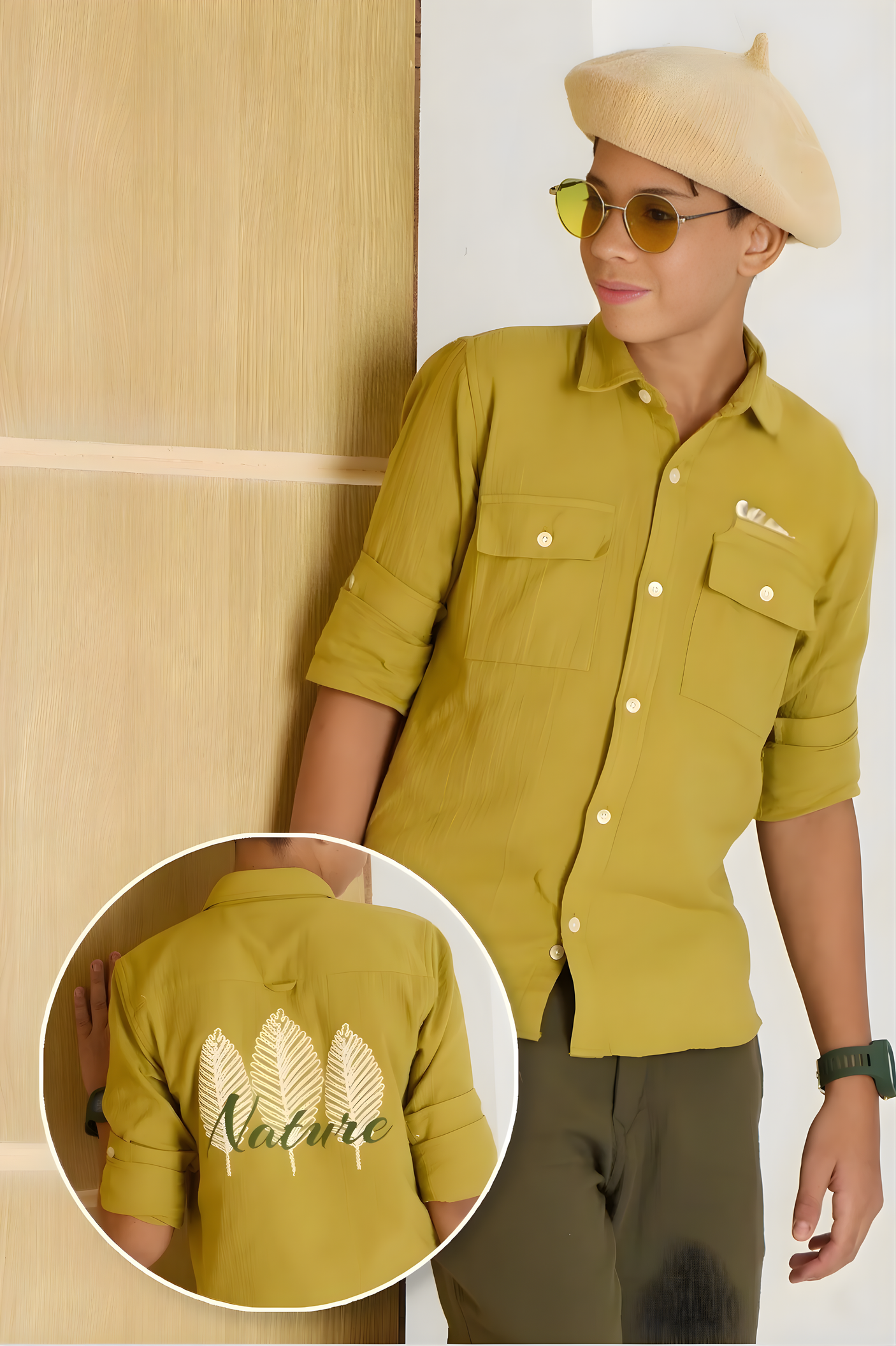 Boy's Stylish Olive Green Shirt with Nature Back Embroidery