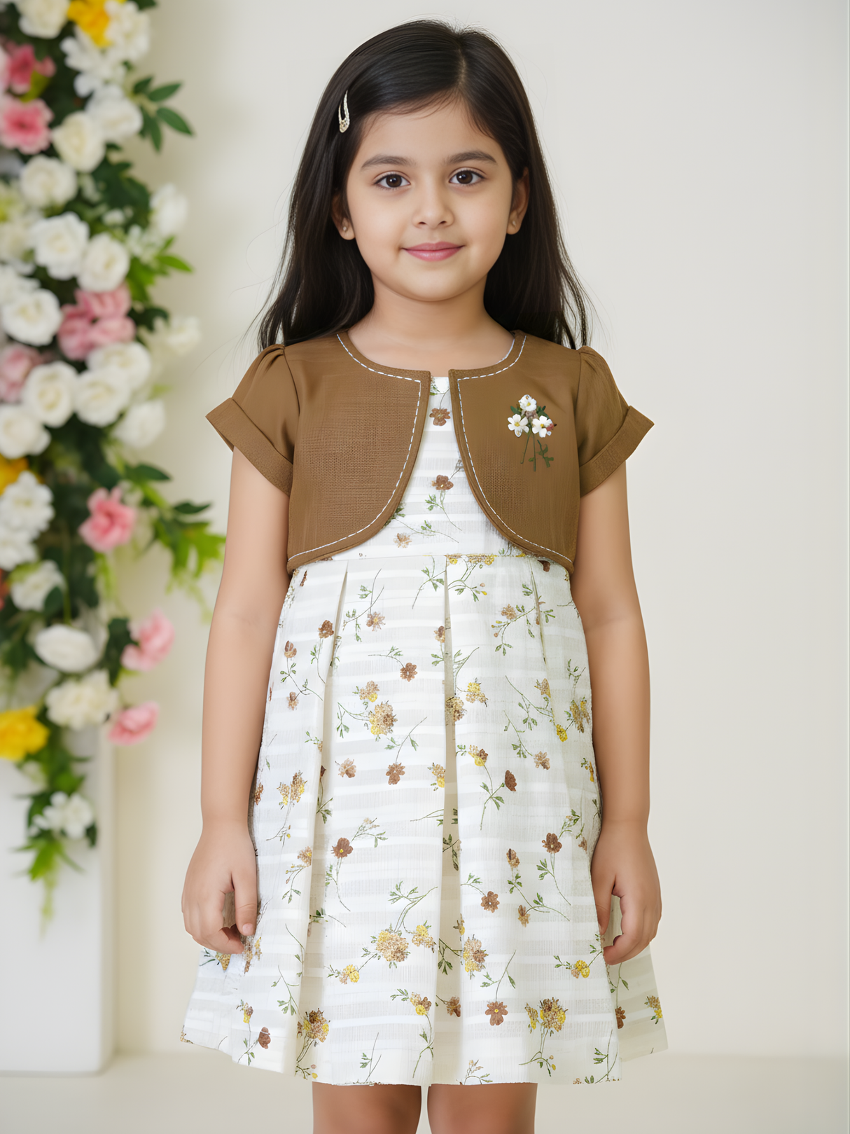 Rustic Chic Floral Frock Set with Embroidered Brown Bolero