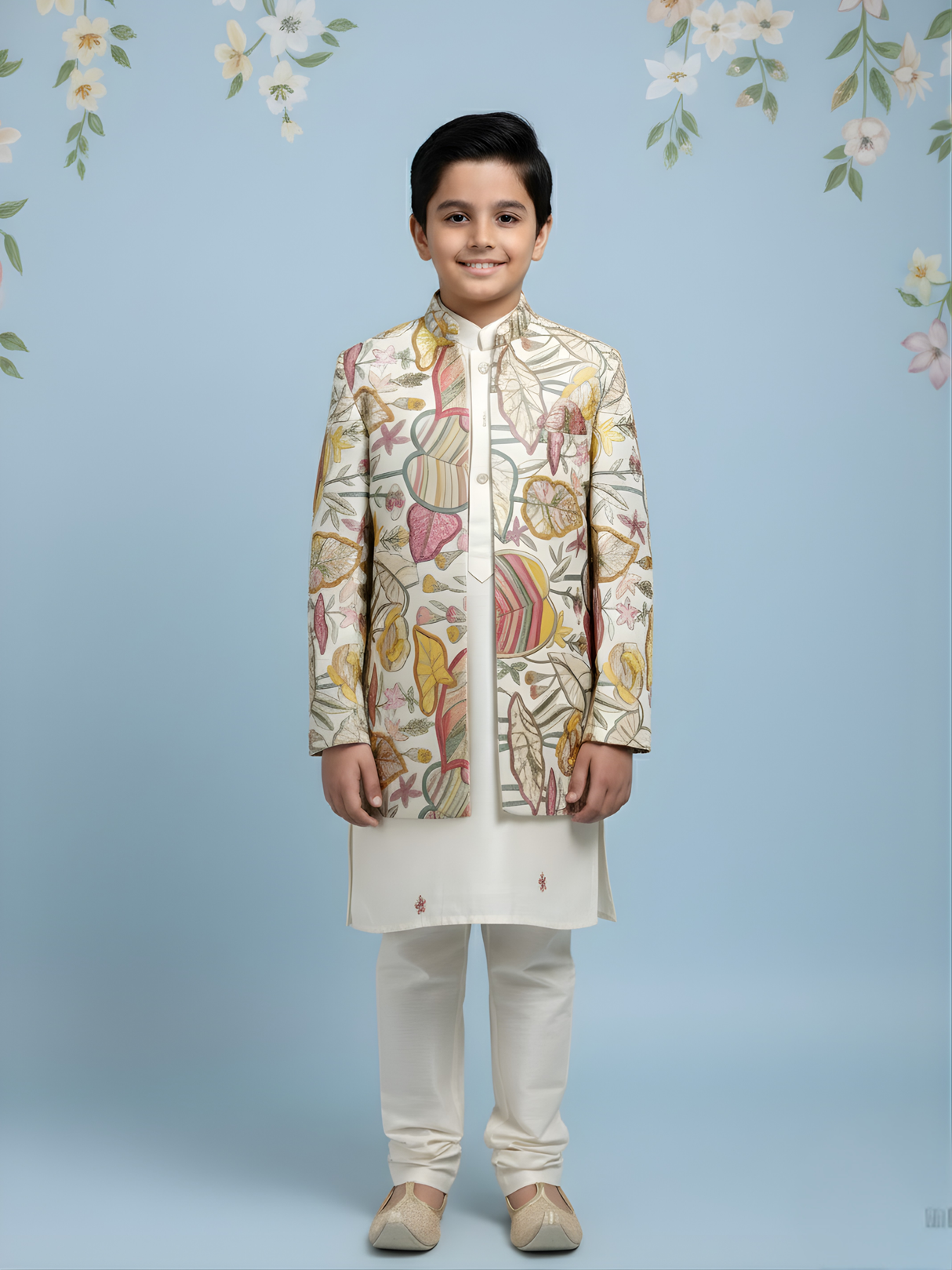 Boys' Cream Kurta Pajama with Multi-Color Jacket