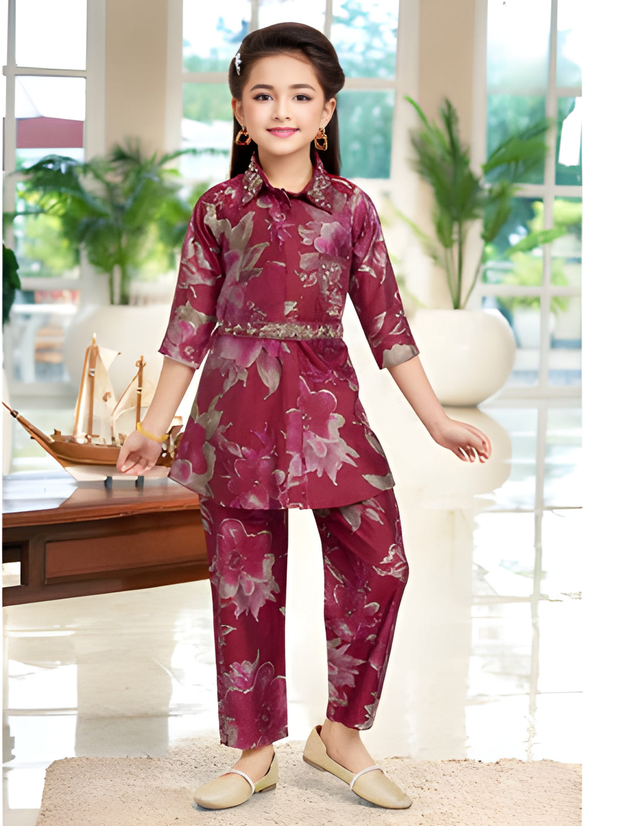 Girls Traditional 3/4th Sleeves Two Pcs. Set - Maroon