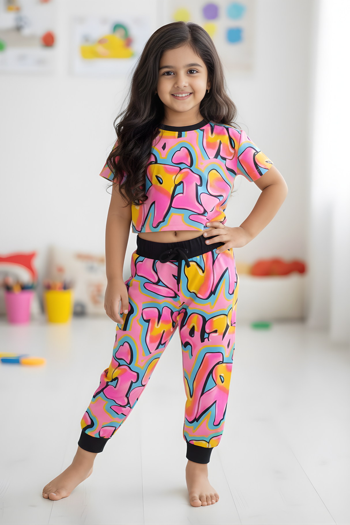 Girls Casual Printed Half Sleeves Track Pant Set - Pink