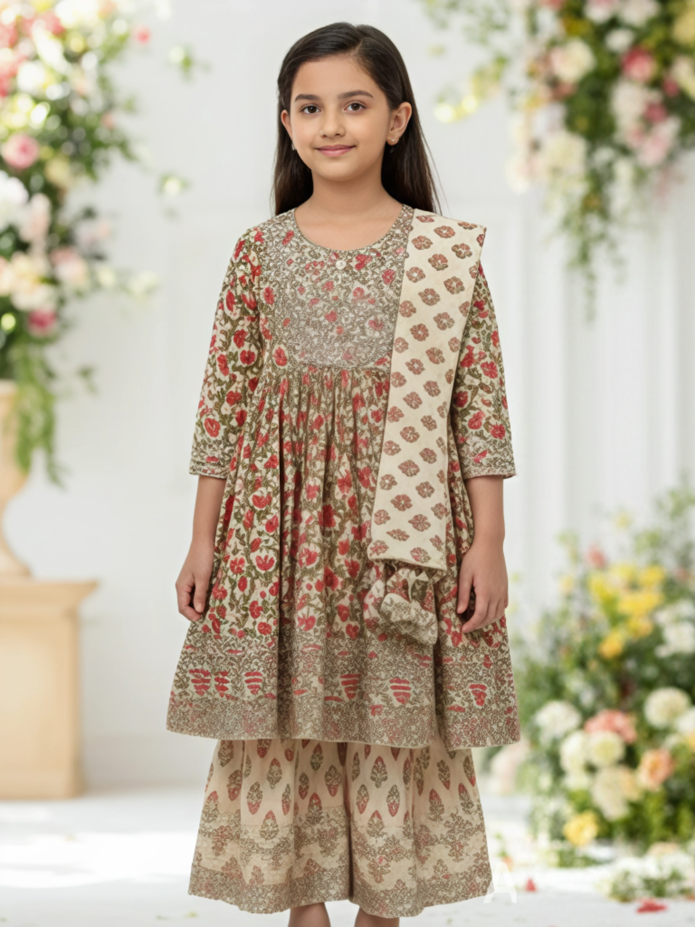 Girls' Elegant Cream Block Print Kurti, Sharara, and Dupatta Set with Heavy Embroidery