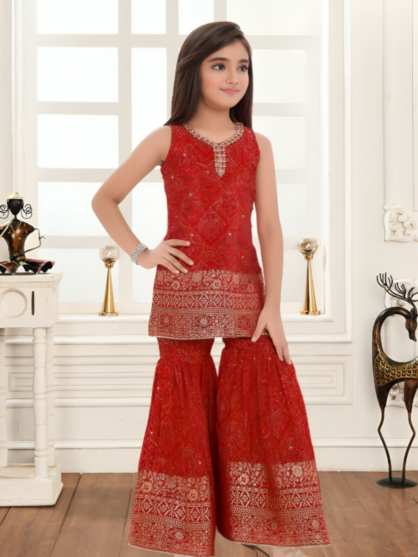 Girls' Red and Gold Bandhani Print Sharara Set with Sleeveless Kurta