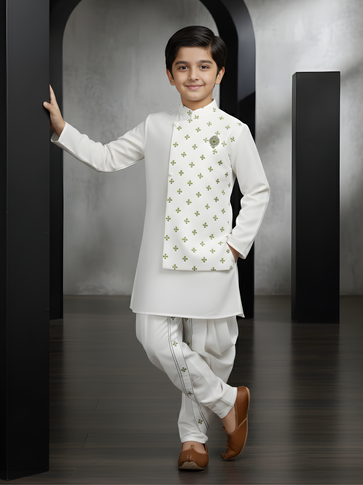 Boys' Crisp White Angrakha Kurta and Dhoti Set with Green Print