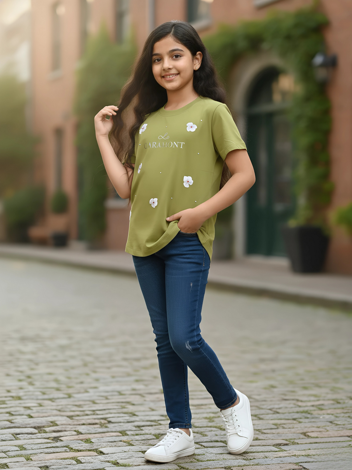 Girl's Olive Green Floral Embroidered Top