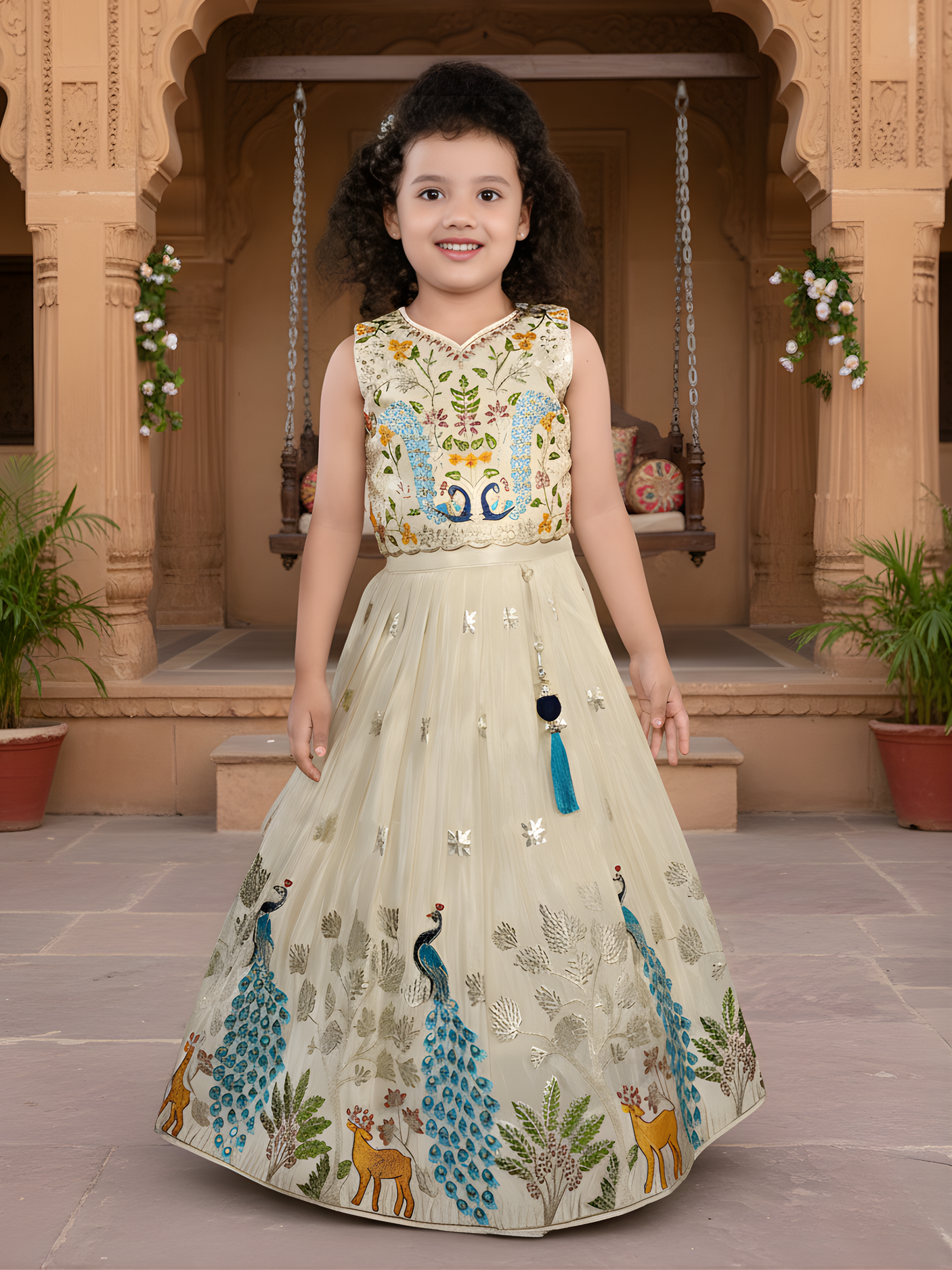 Girls' Elegant Cream Peacock Embroidered Lehenga Choli Set