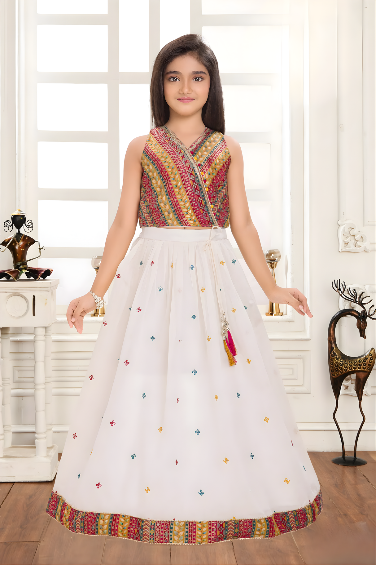 Cream & Multi-Color Embroidered Lehanga Choli Set for Girls