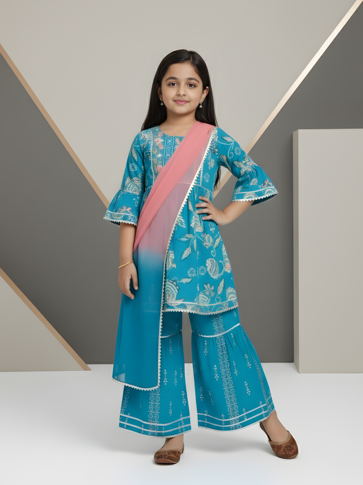 Girls' Turquoise Floral Print Kurta & Gharara Set with Pink Dupatta.