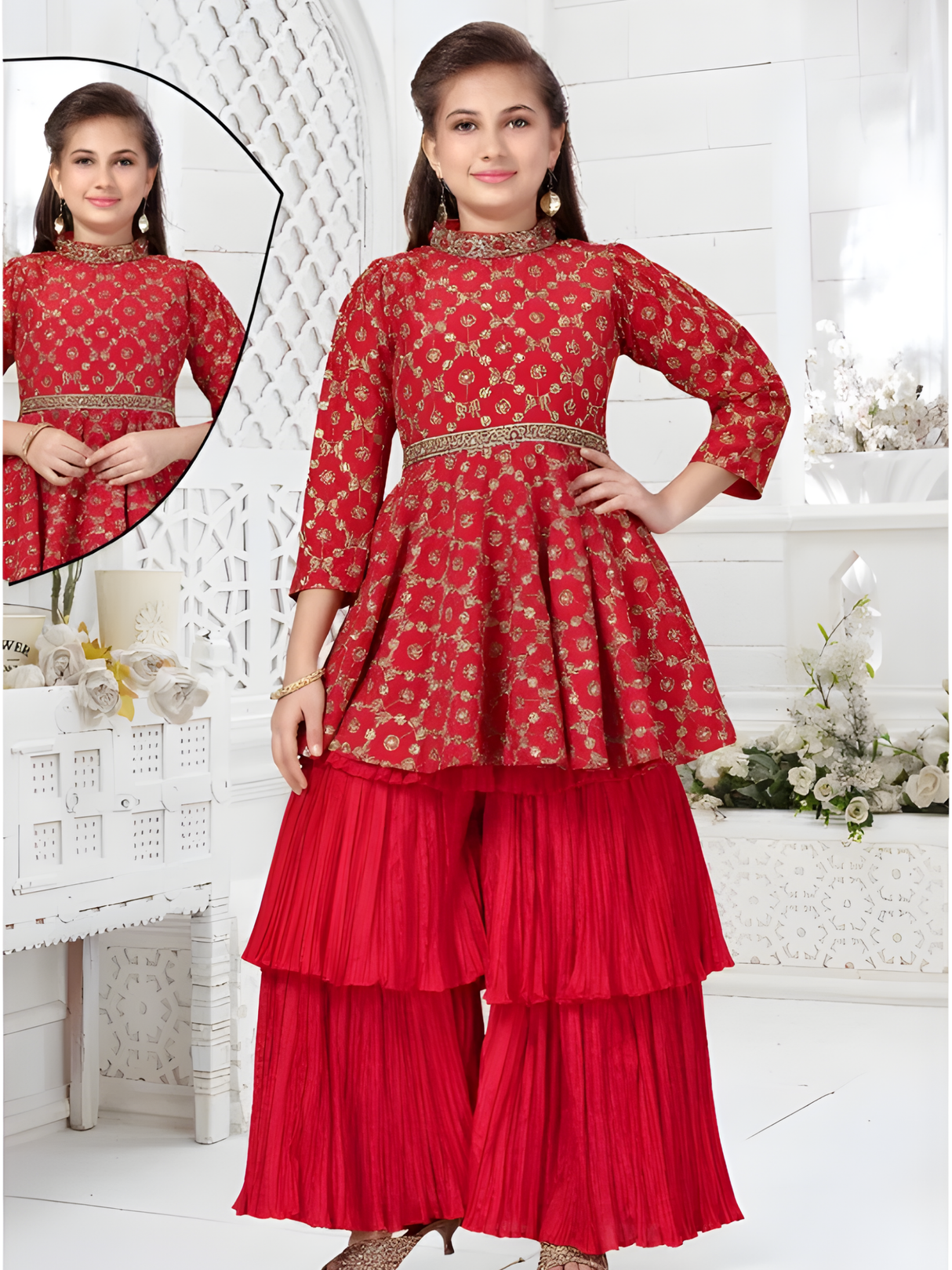 Girls Traditional 3/4th Sleeves Ghagara Set - Red